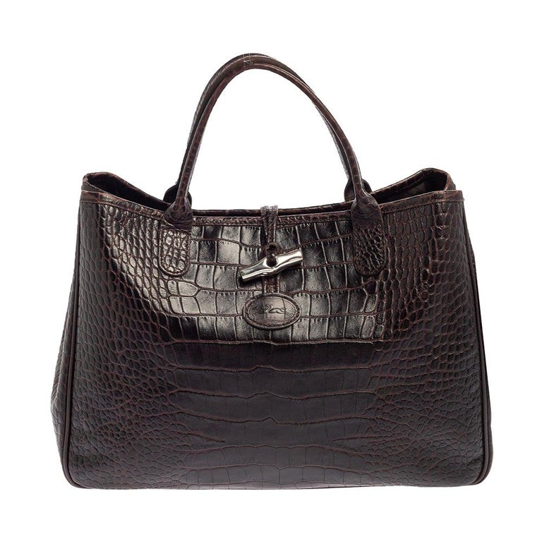 Longchamp Brown Glaze Croc Embossed Leather Roseau Tote - ShopStyle