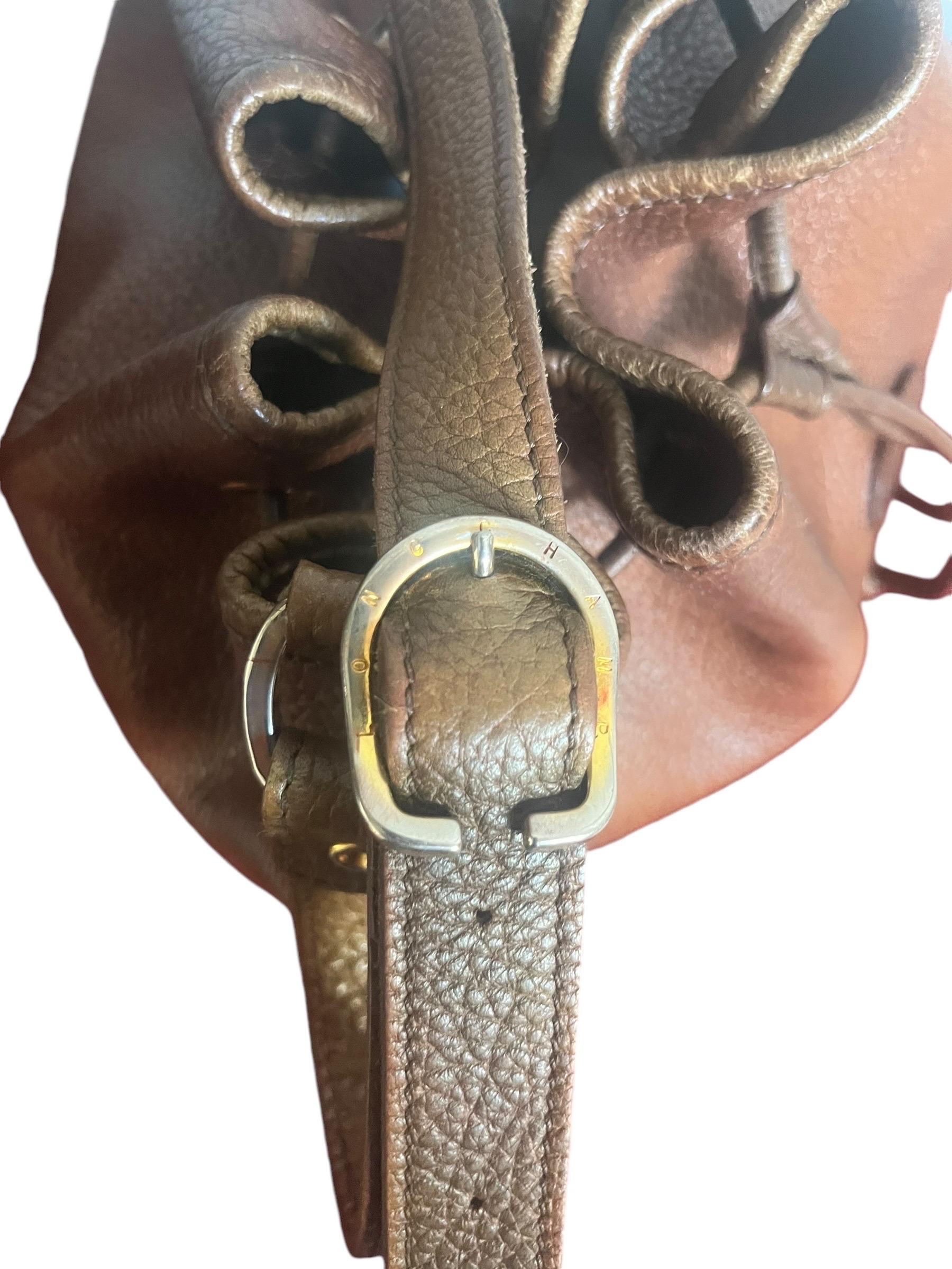 20th Century Longchamp Brown Grained Leather Bucket Shoulder Bag - France Vintage - Fashion For Sale