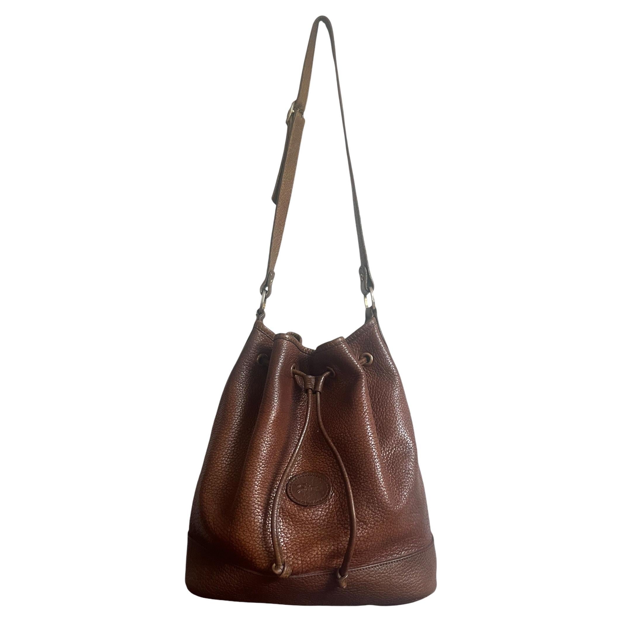 Longchamp Brown Grain Leder Bucket Umhängetasche - Frankreich Vintage - Mode