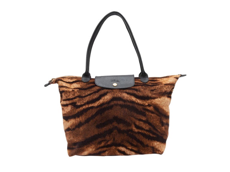Longchamp Braun Tiger Druck Samt Le Pliage Tote im Angebot bei