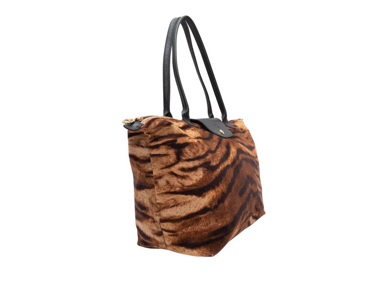 Longchamp Brown Tiger Print Velvet Le Pliage Tote For Sale at