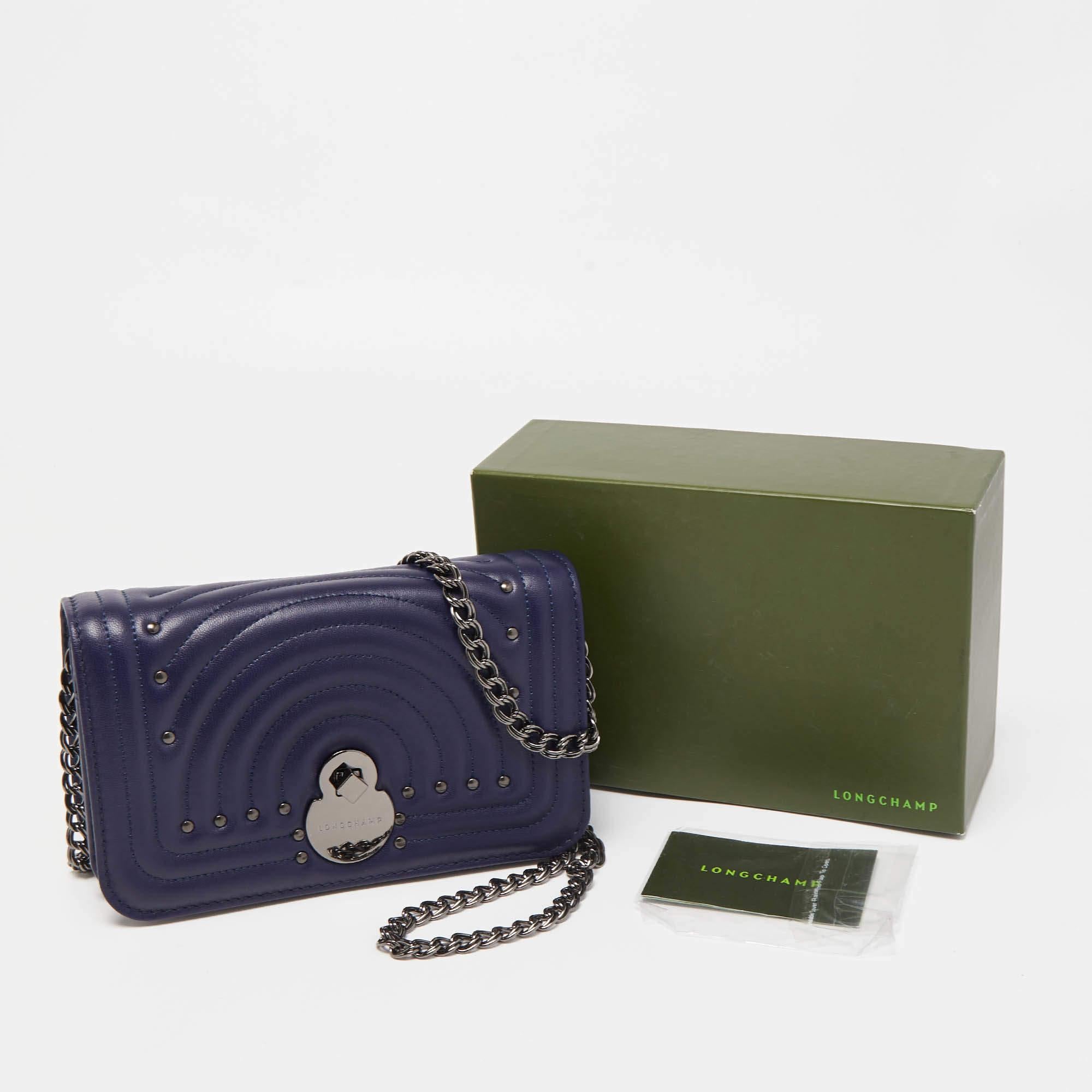 Longchamp Dark Blue Leather Studded Cavalcade Wallet on Chain 6