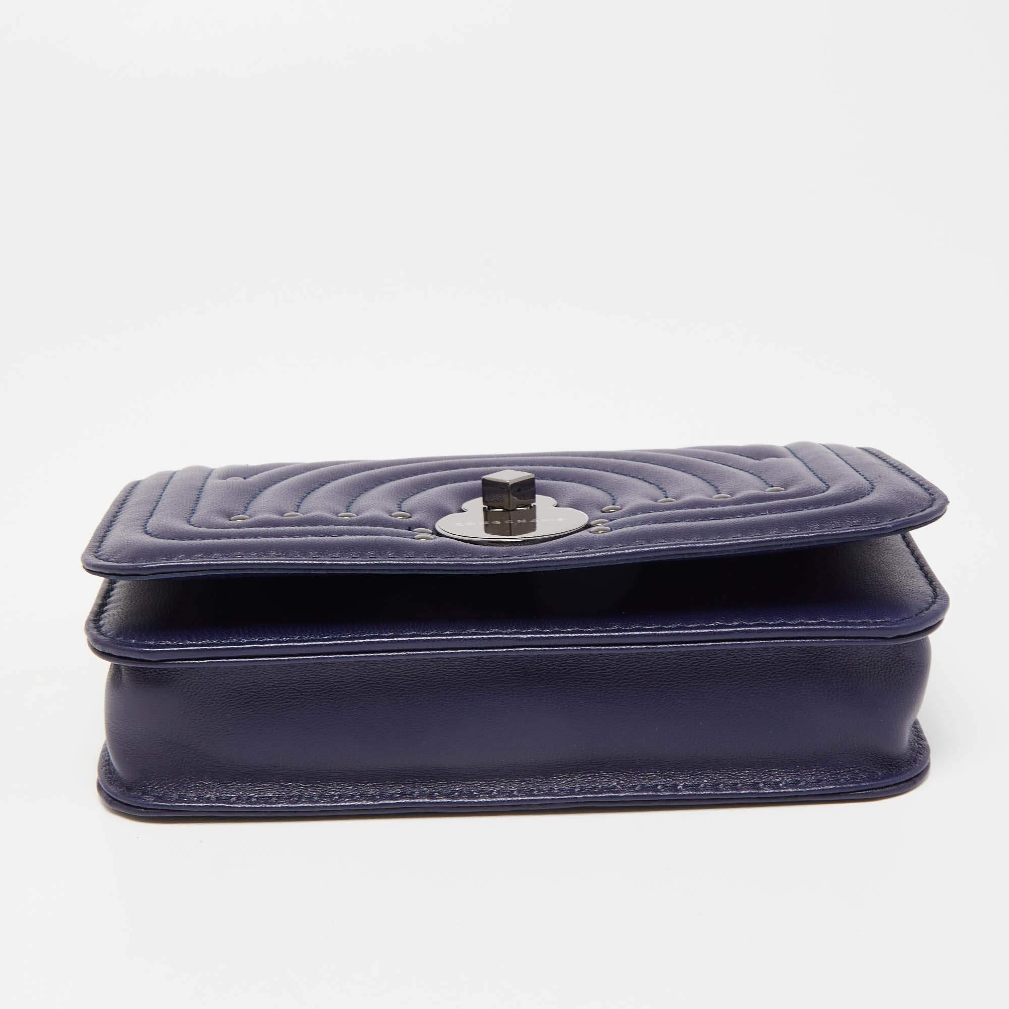 Longchamp Dark Blue Leather Studded Cavalcade Wallet on Chain In New Condition In Dubai, Al Qouz 2