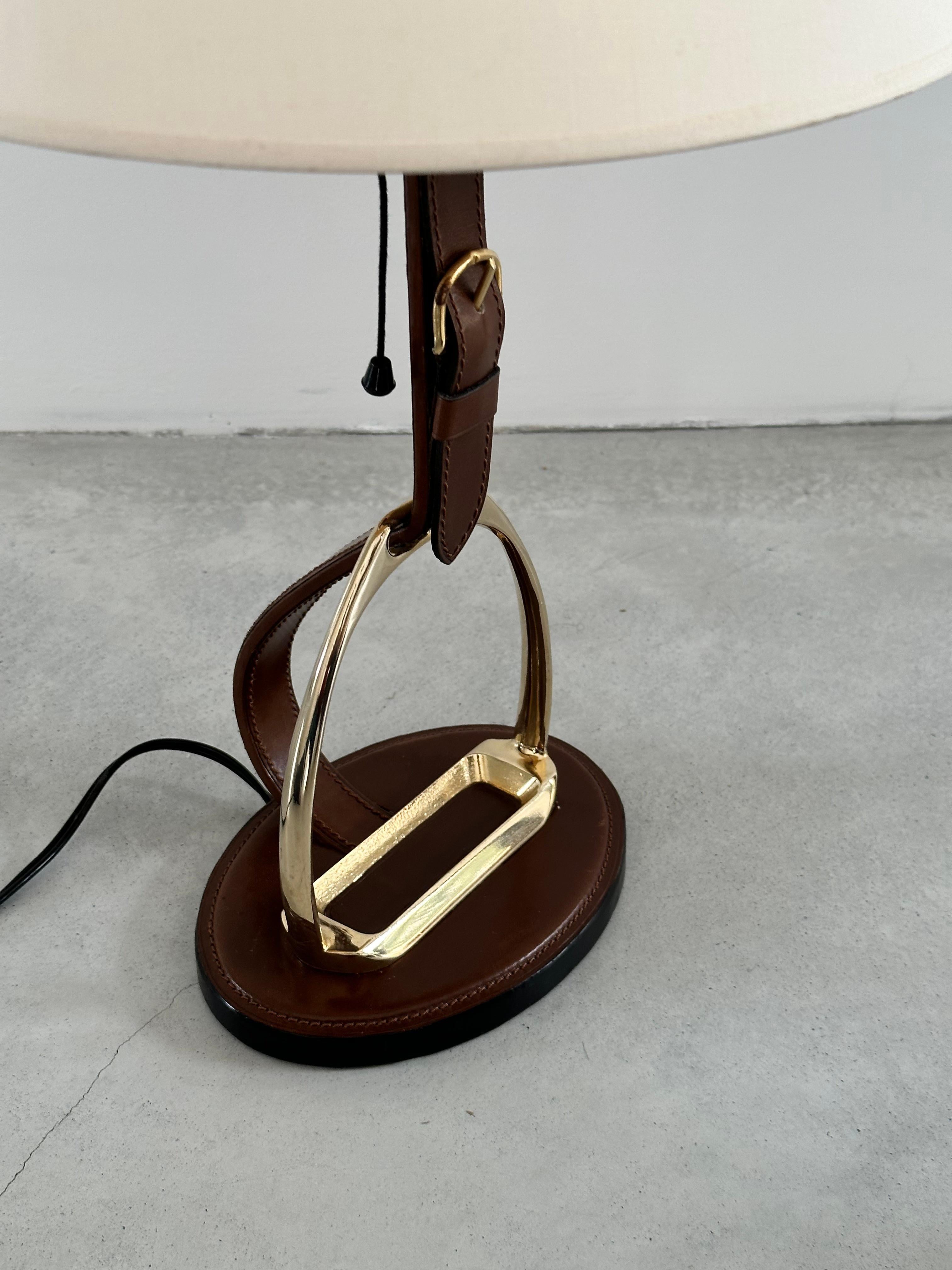 Longchamp design, French Brass & Equestrian Stitched Leather Lamp, 1960s For Sale 5