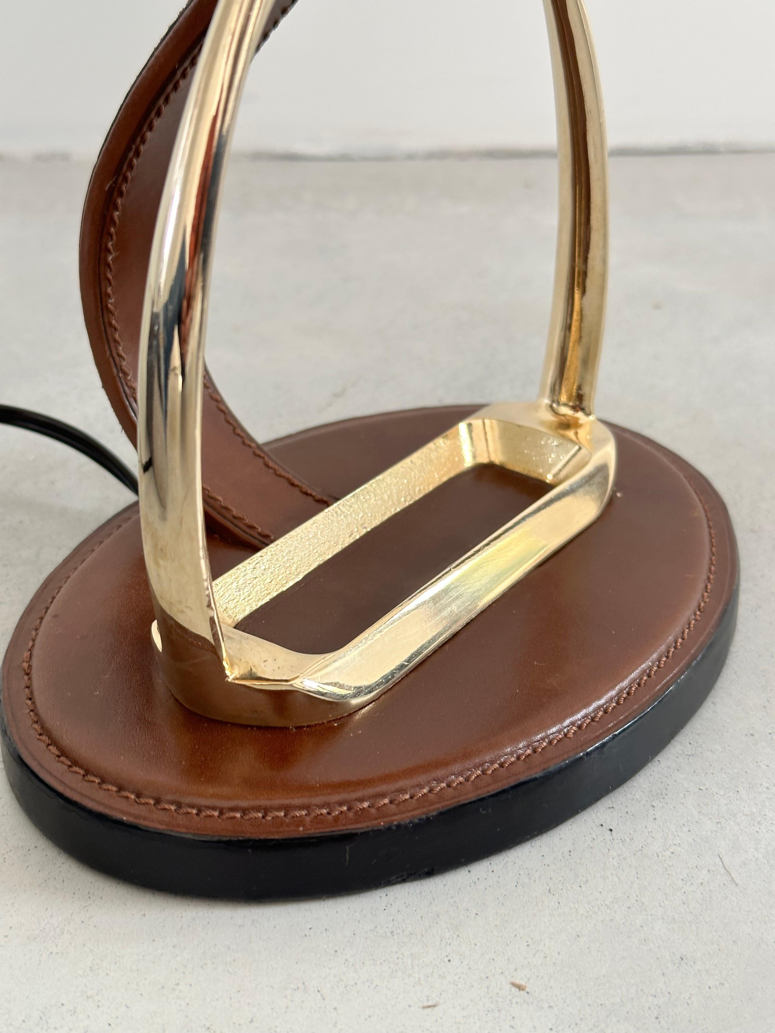 Longchamp design, French Brass & Equestrian Stitched Leather Lamp, 1960s For Sale 6