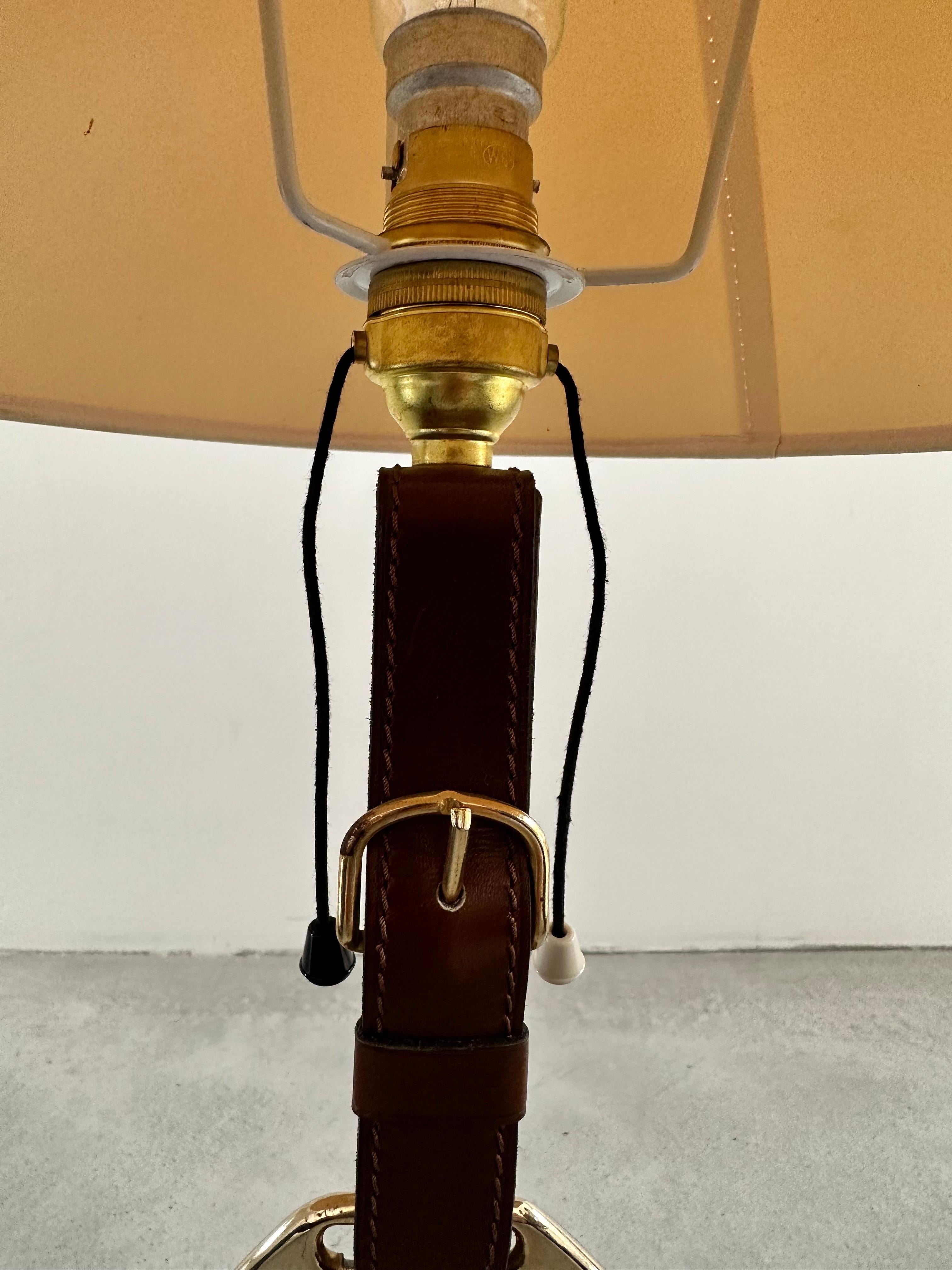 Longchamp design, French Brass & Equestrian Stitched Leather Lamp, 1960s For Sale 7