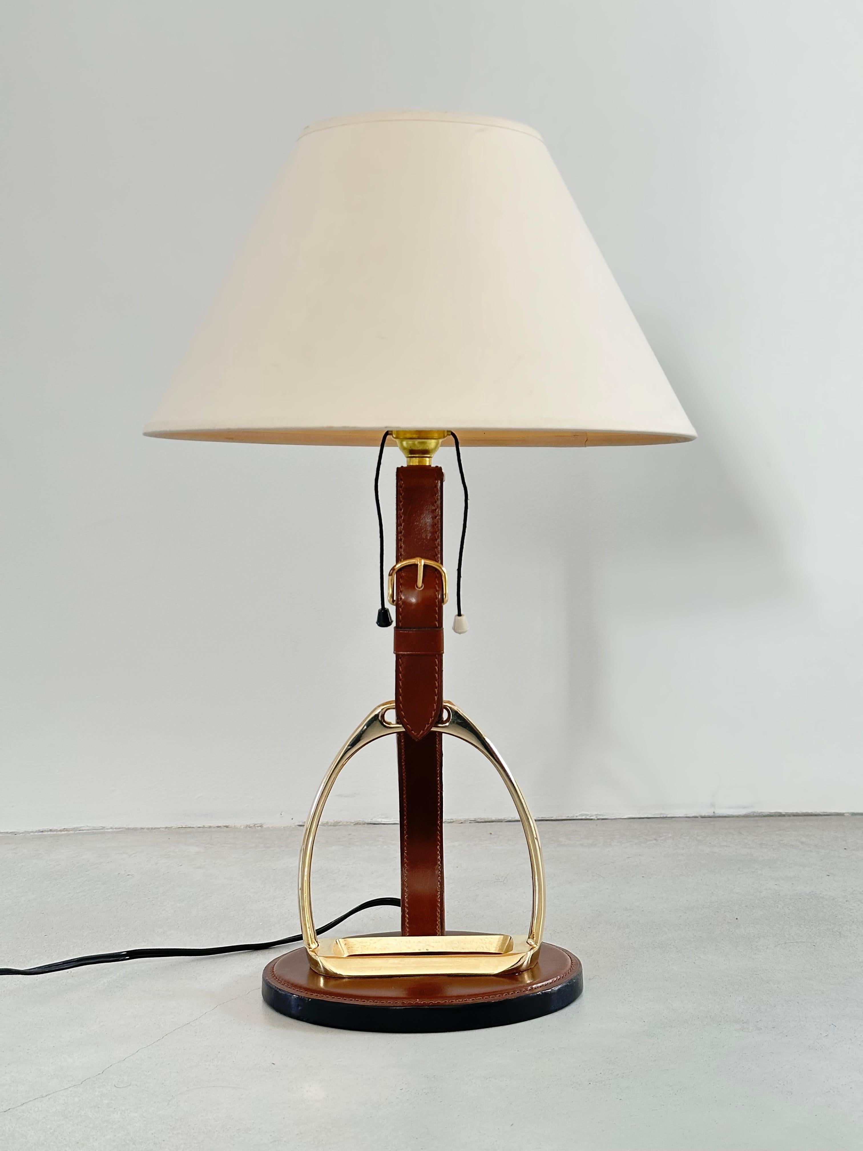 Longchamp design, French Brass & Equestrian Stitched Leather Lamp, 1960s For Sale 8
