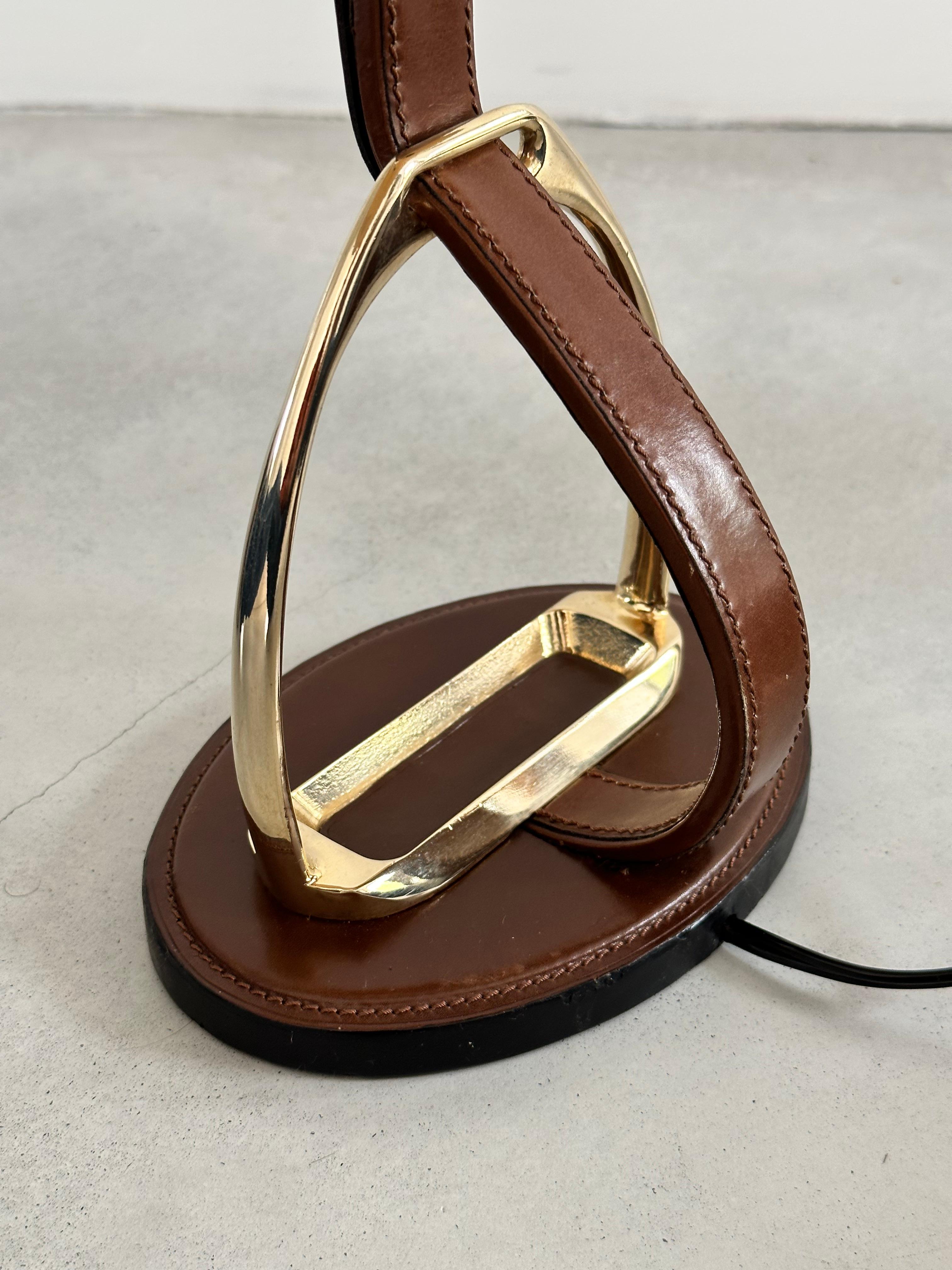 Longchamp design, French Brass & Equestrian Stitched Leather Lamp, 1960s For Sale 9