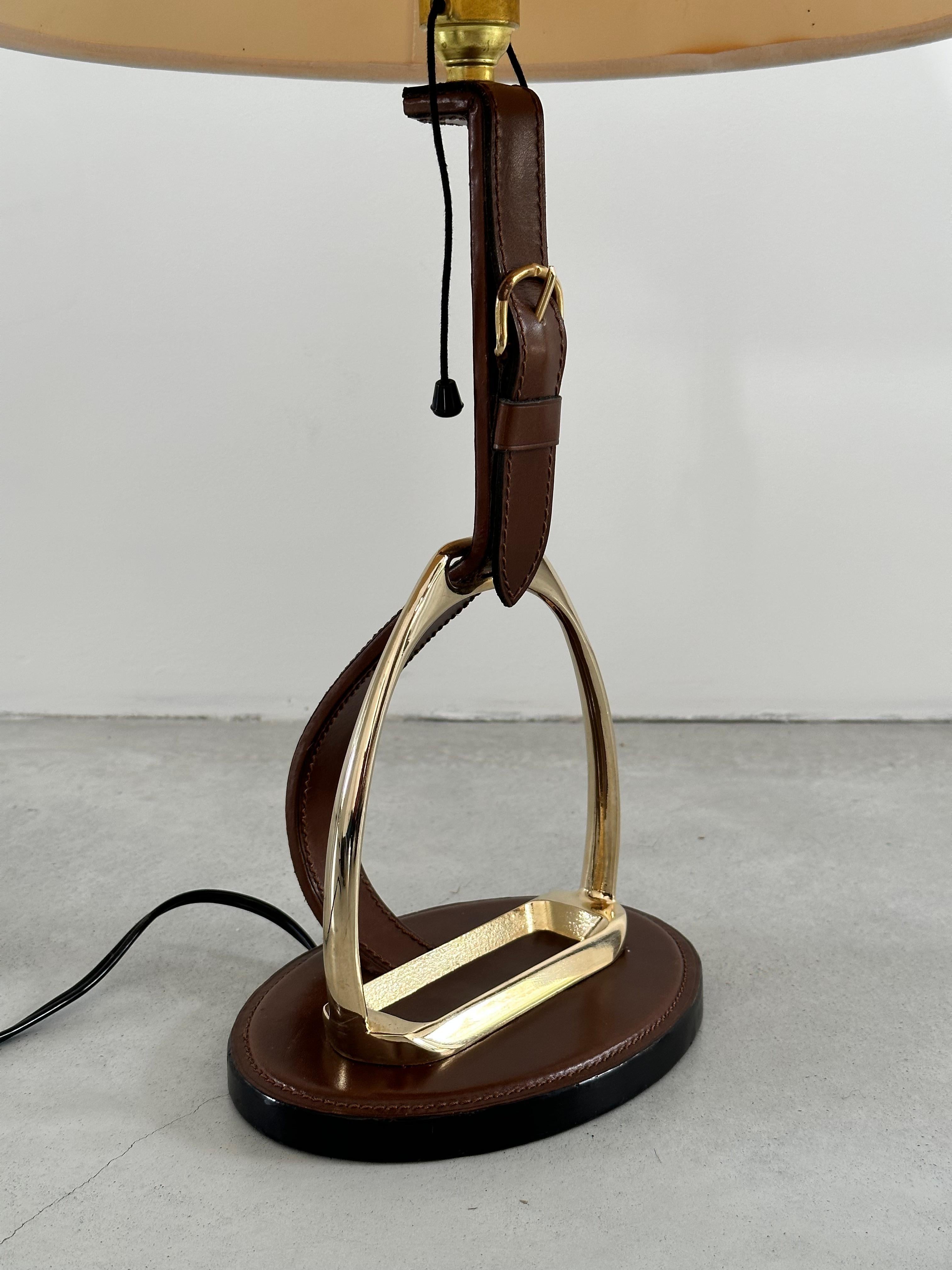Mid-Century Modern Longchamp design, French Brass & Equestrian Stitched Leather Lamp, 1960s For Sale