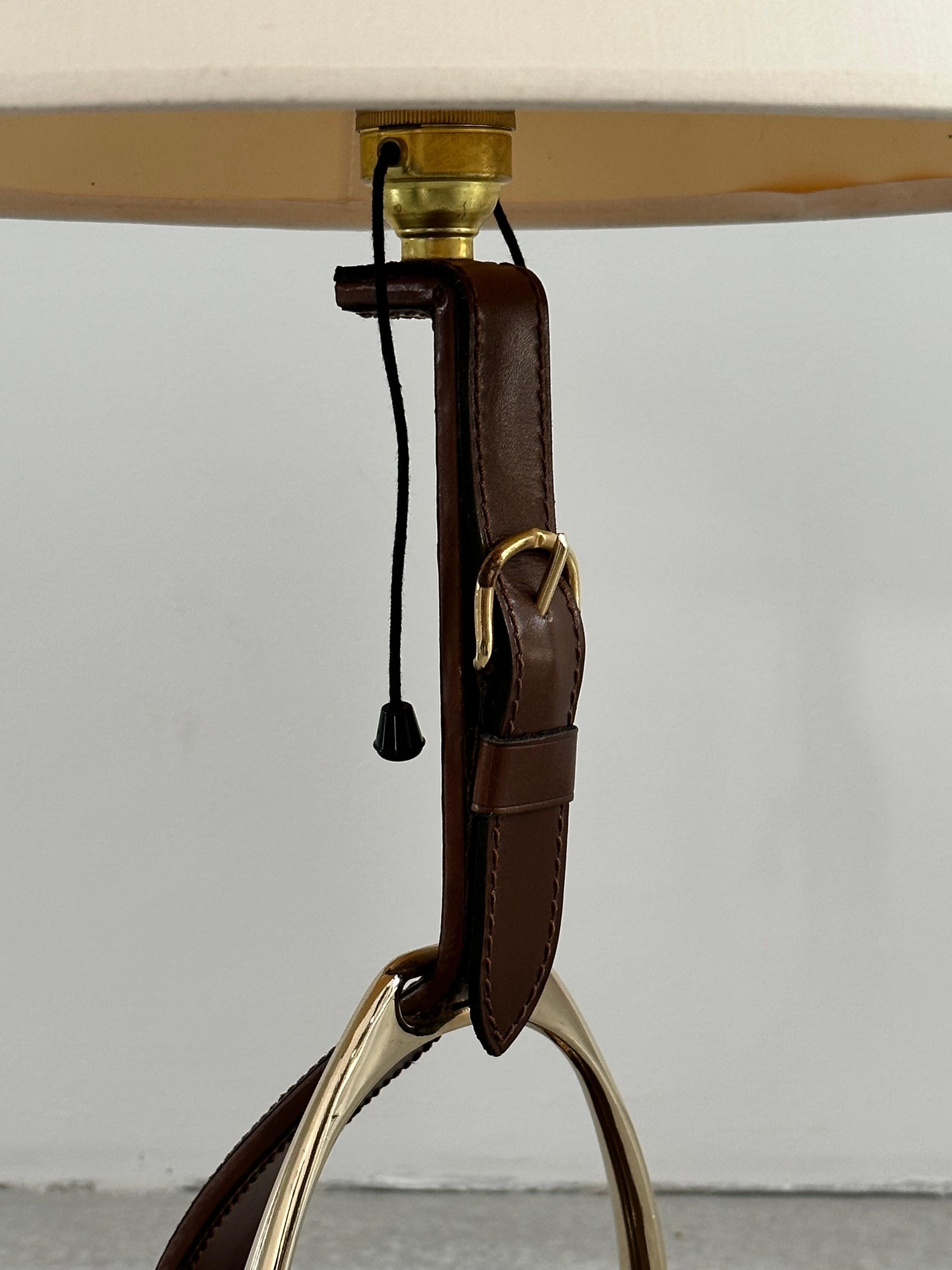 Mid-20th Century Longchamp design, French Brass & Equestrian Stitched Leather Lamp, 1960s For Sale