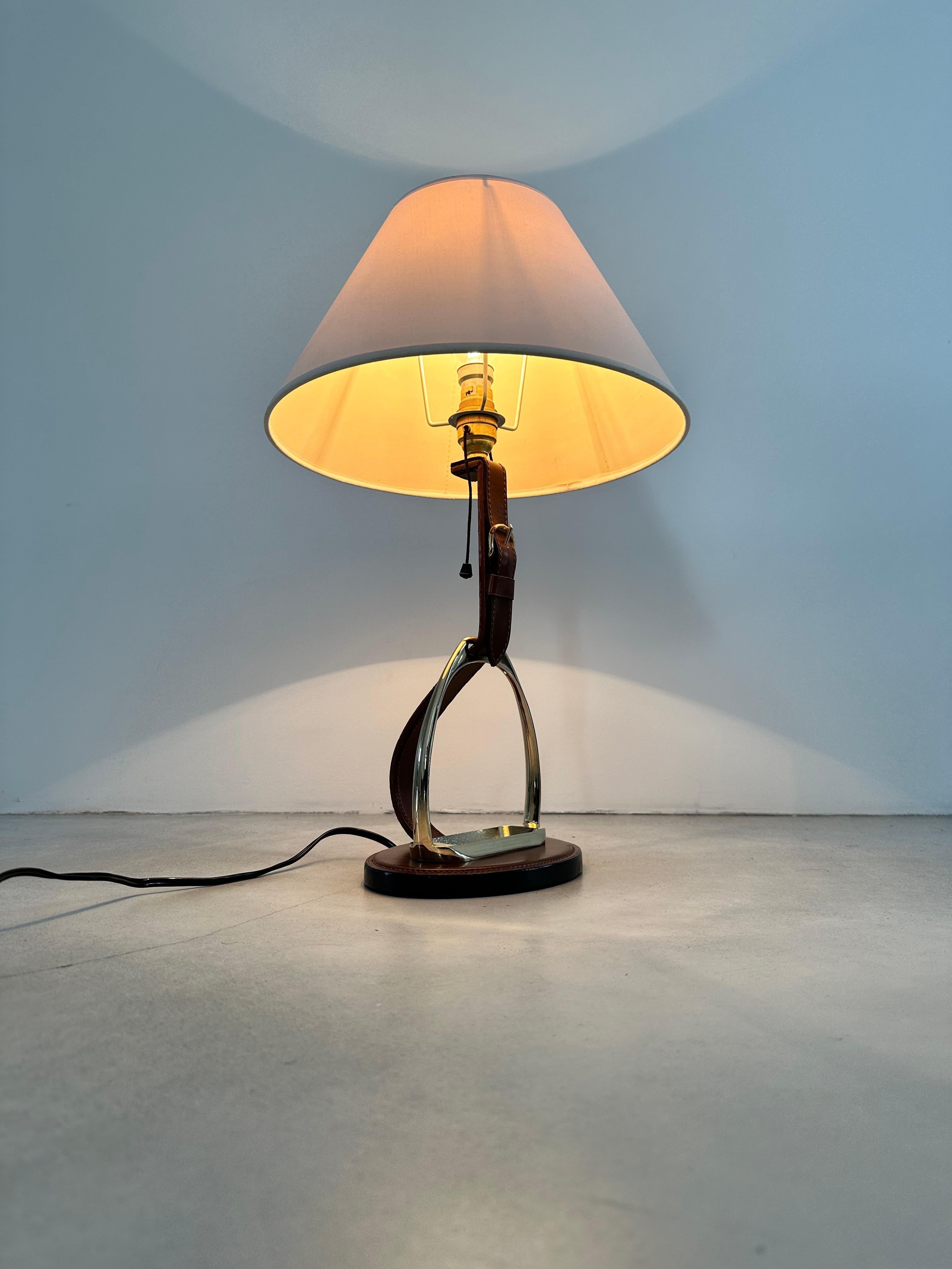 Longchamp design, French Brass & Equestrian Stitched Leather Lamp, 1960s For Sale 1