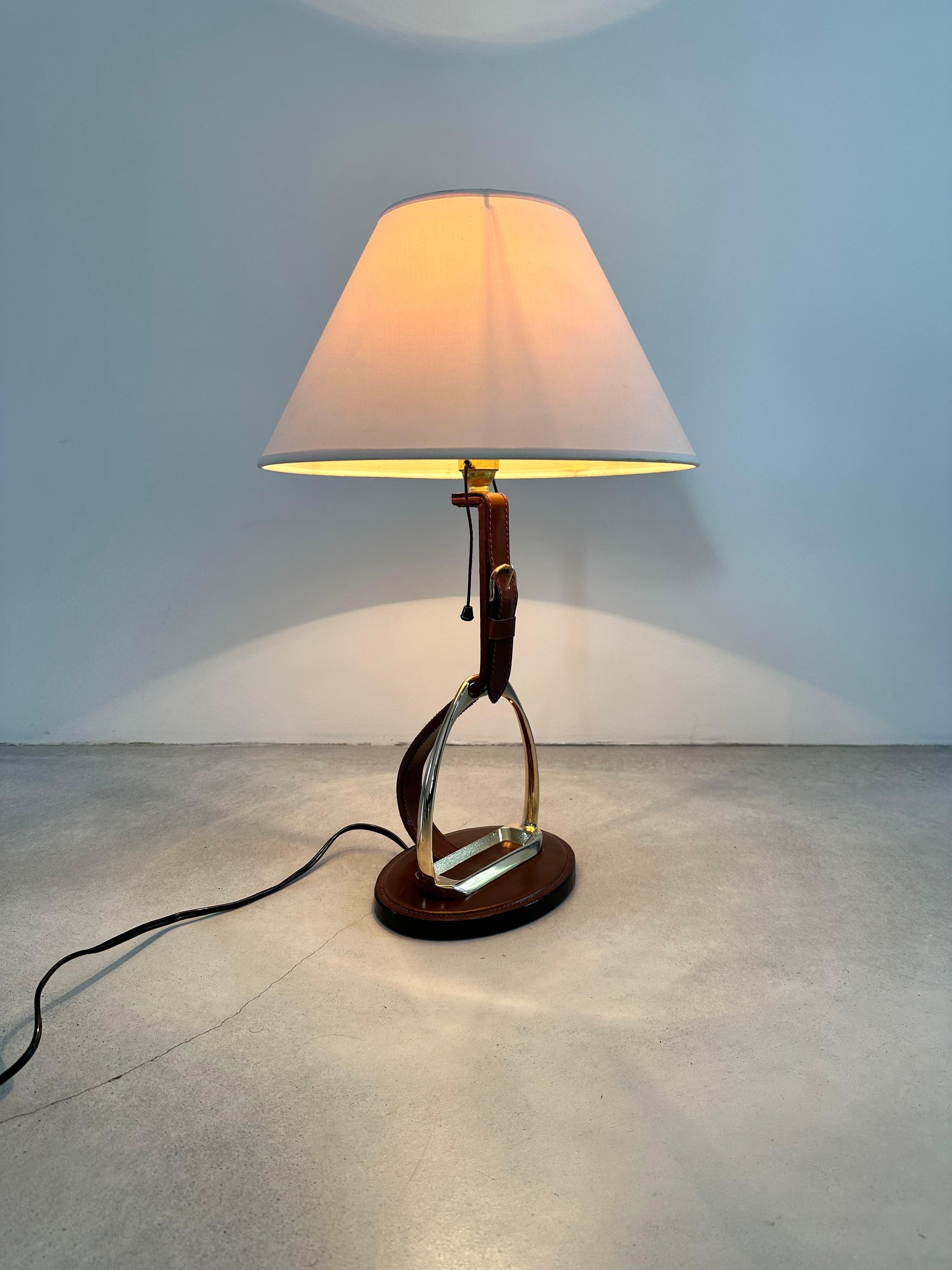 Longchamp design, French Brass & Equestrian Stitched Leather Lamp, 1960s For Sale 2