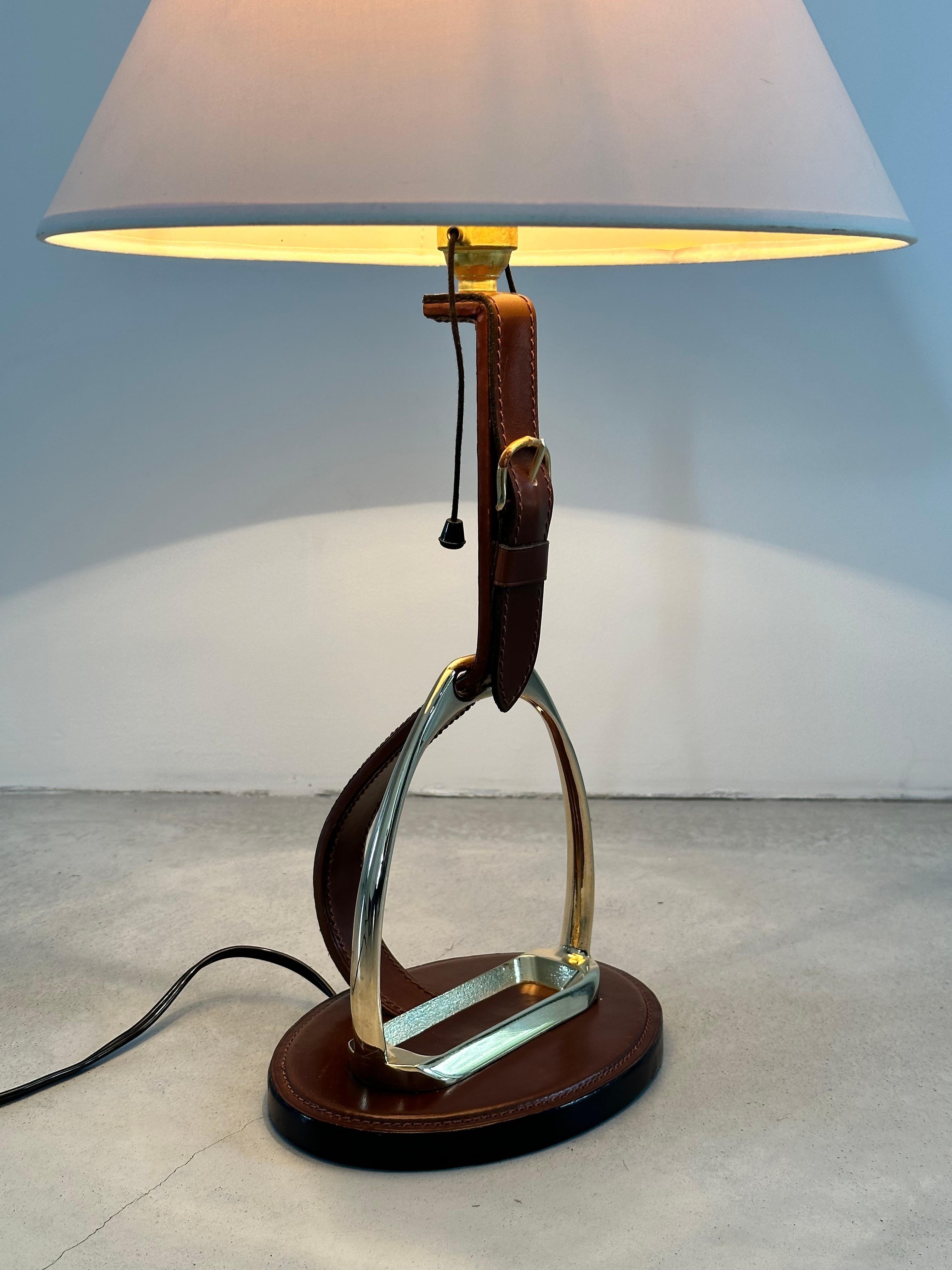 Longchamp design, French Brass & Equestrian Stitched Leather Lamp, 1960s For Sale 3