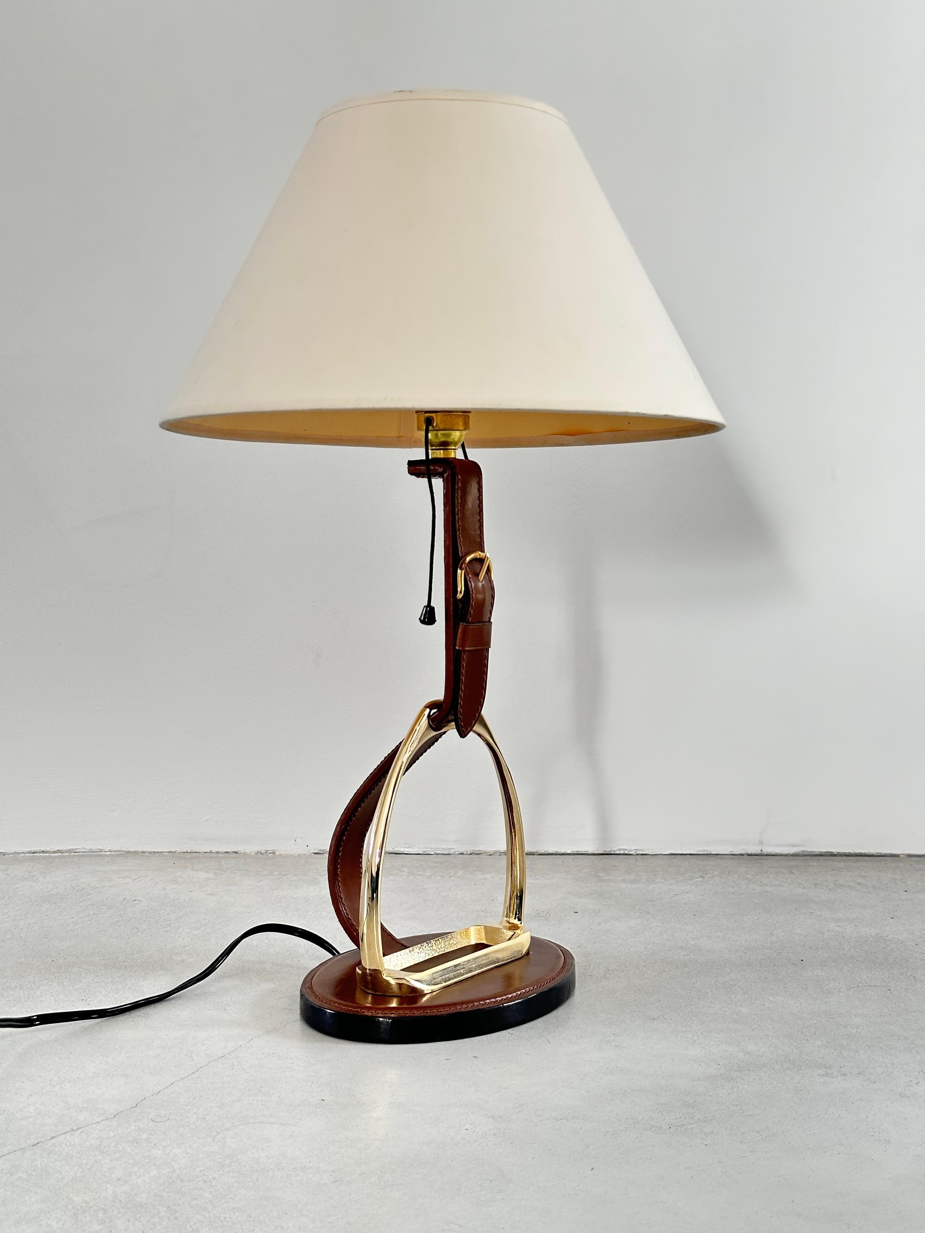 Longchamp design, French Brass & Equestrian Stitched Leather Lamp, 1960s For Sale 4