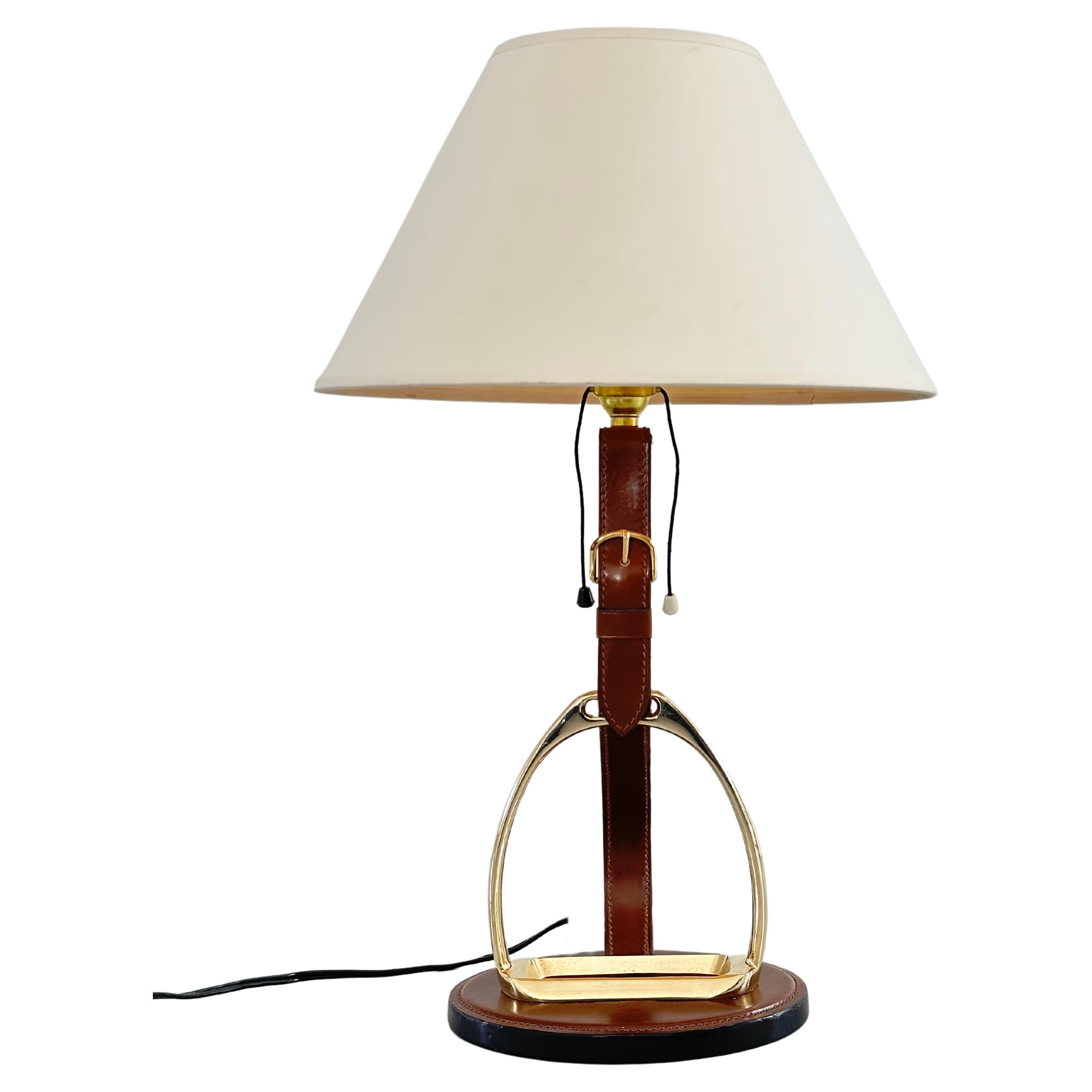 Longchamp design, French Brass & Equestrian Stitched Leather Lamp, 1960s For Sale