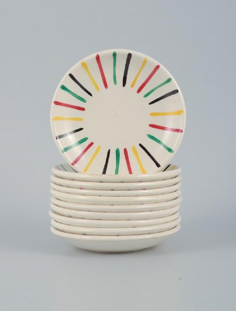 Longchamp, France, Hand Painted, Ten Small Faience Plates, Mid-20th Century For Sale