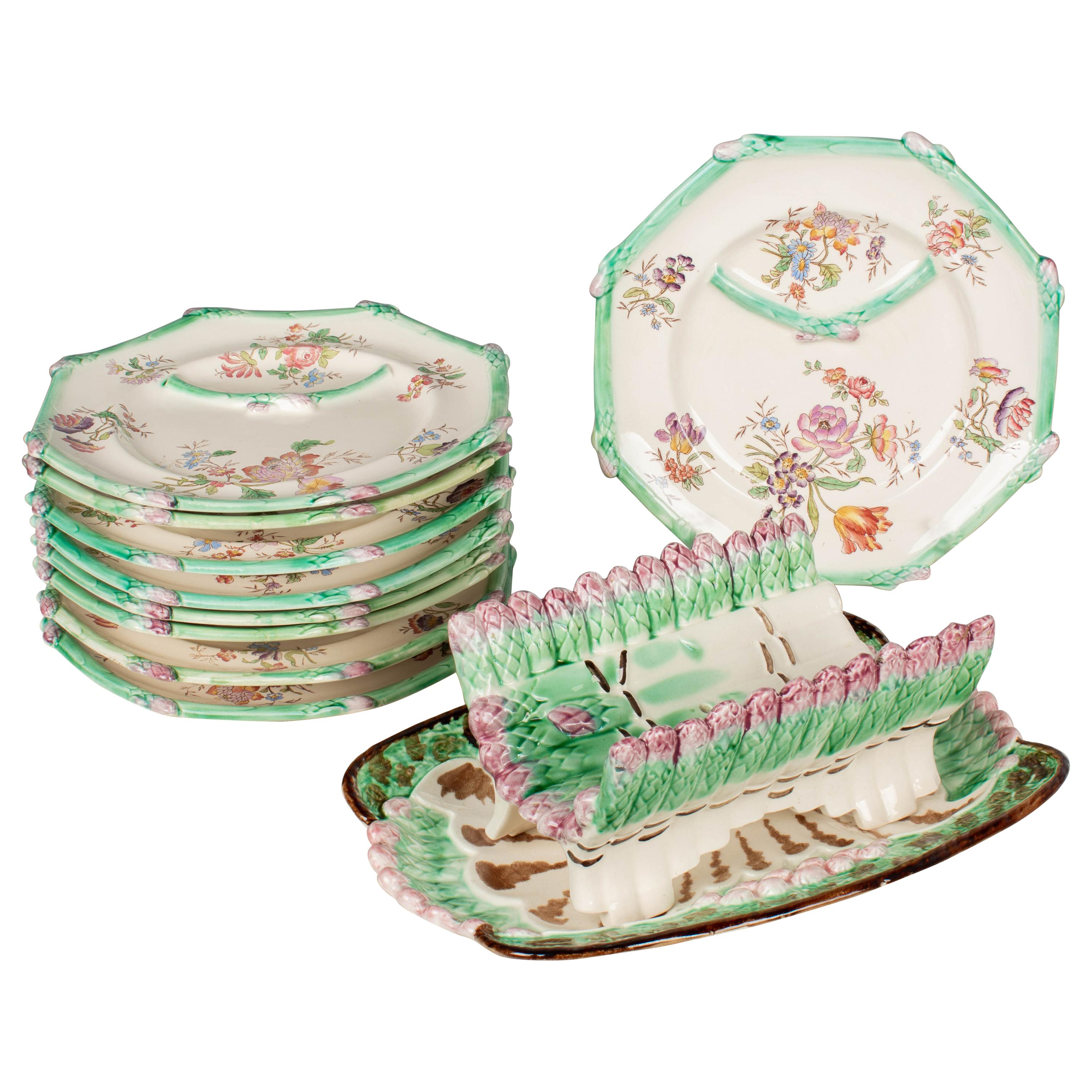 Longchamp French Majolica Asparagus 10 Plates and Serving Set