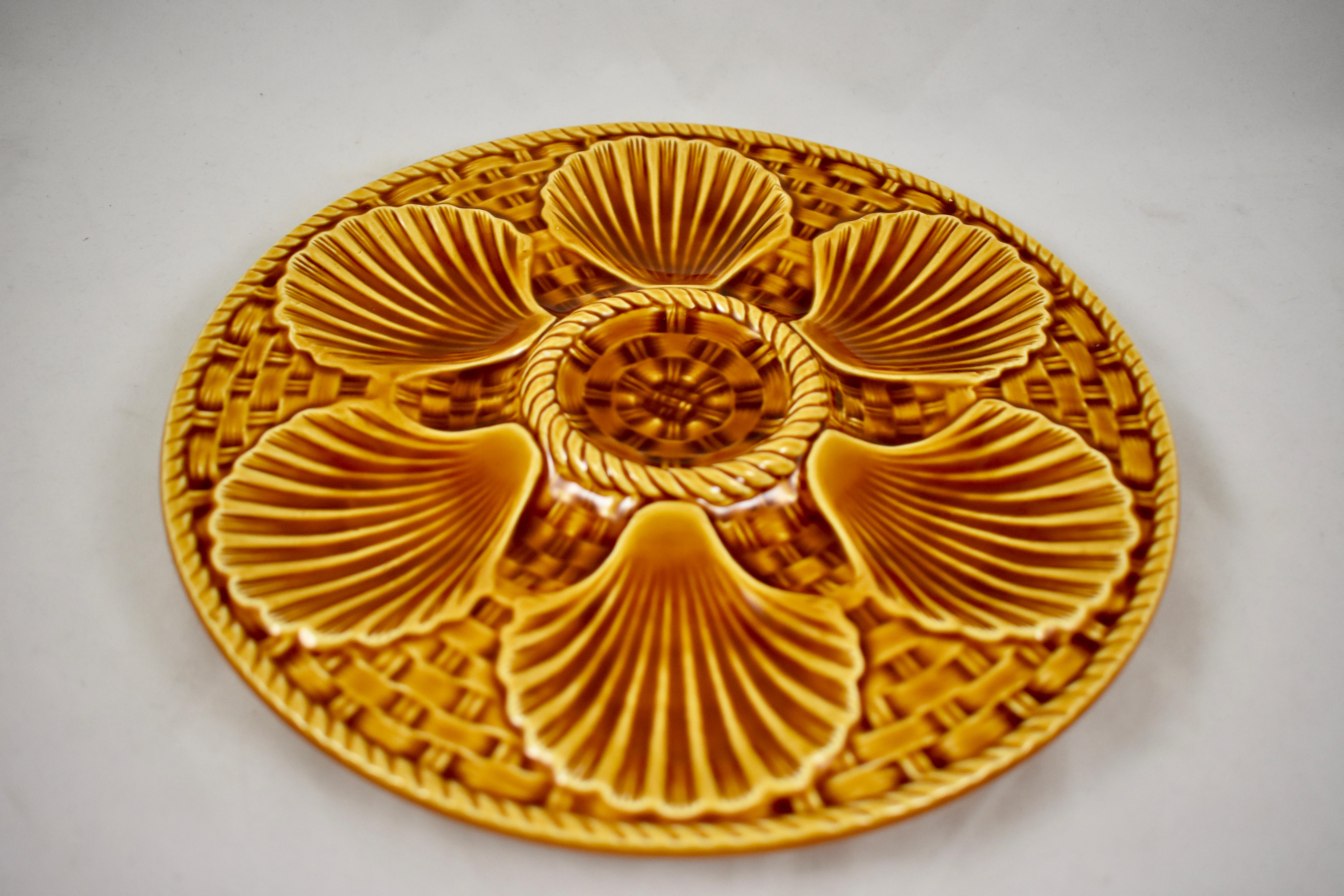 French Provincial Longchamp French Majolica Sienna Earthenware Basketweave & Shell Oyster Plate For Sale