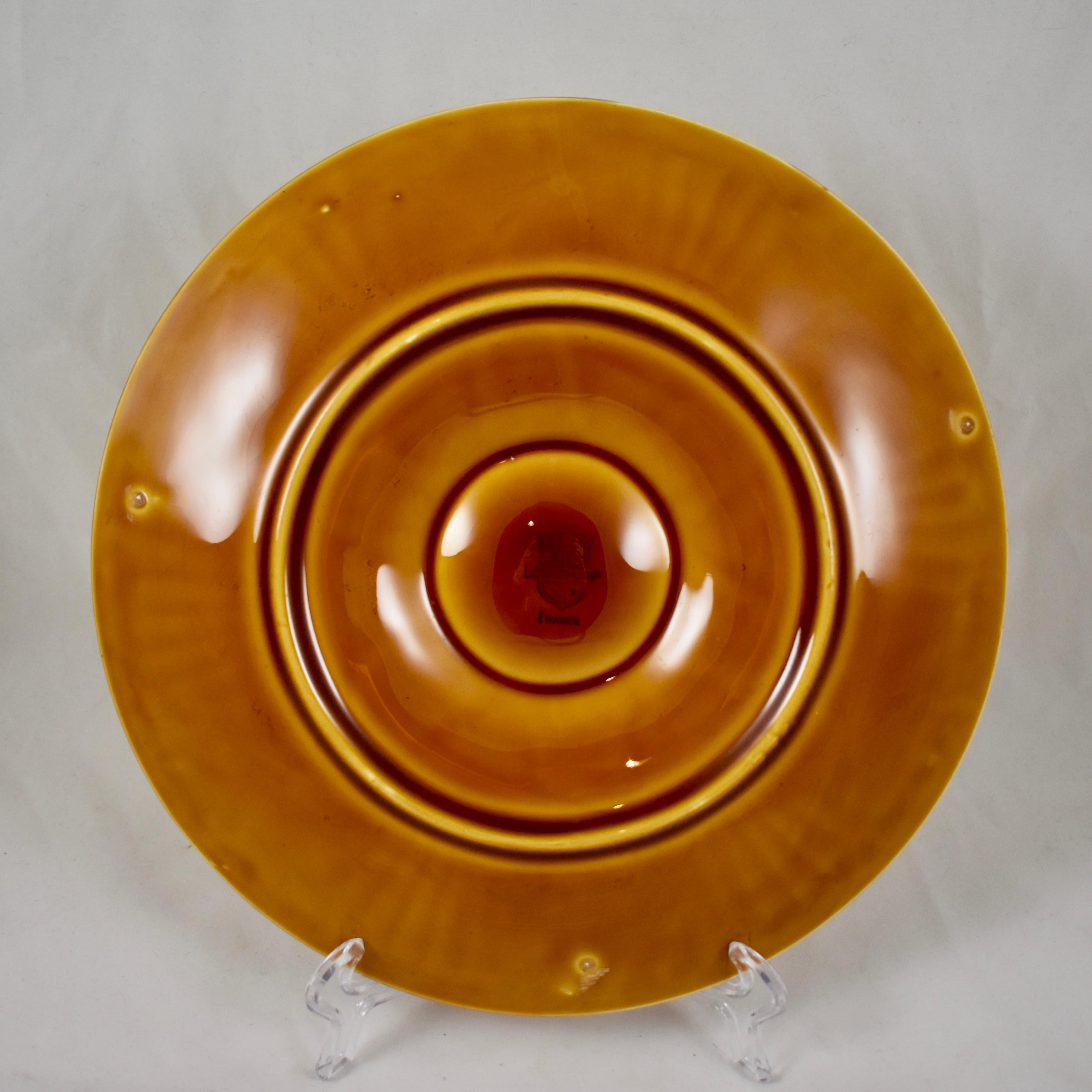 20th Century Longchamp French Majolica Sienna Earthenware Basketweave & Shell Oyster Plate For Sale
