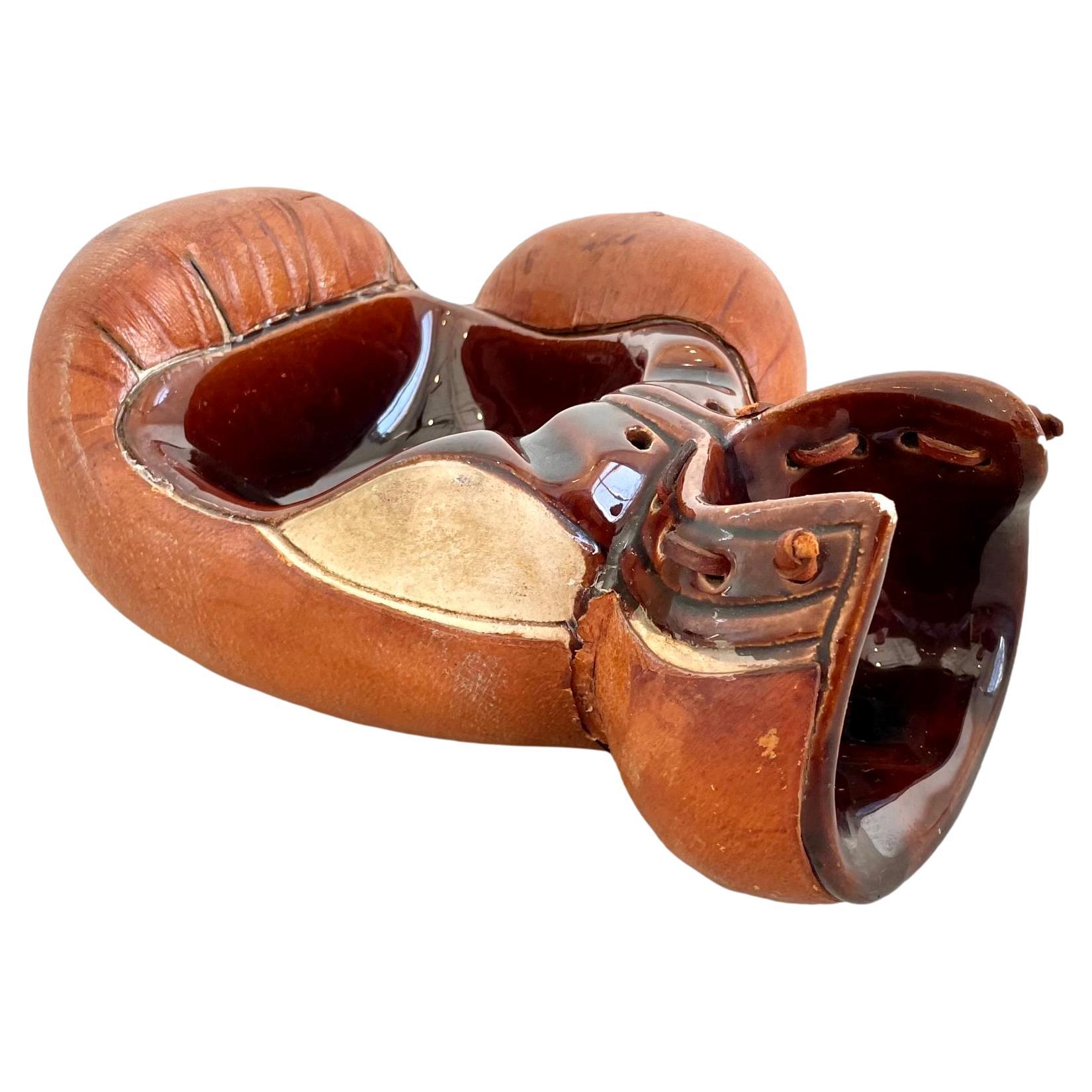 Longchamp Leather and Ceramic Boxing Glove Catchall, 1950s France For Sale