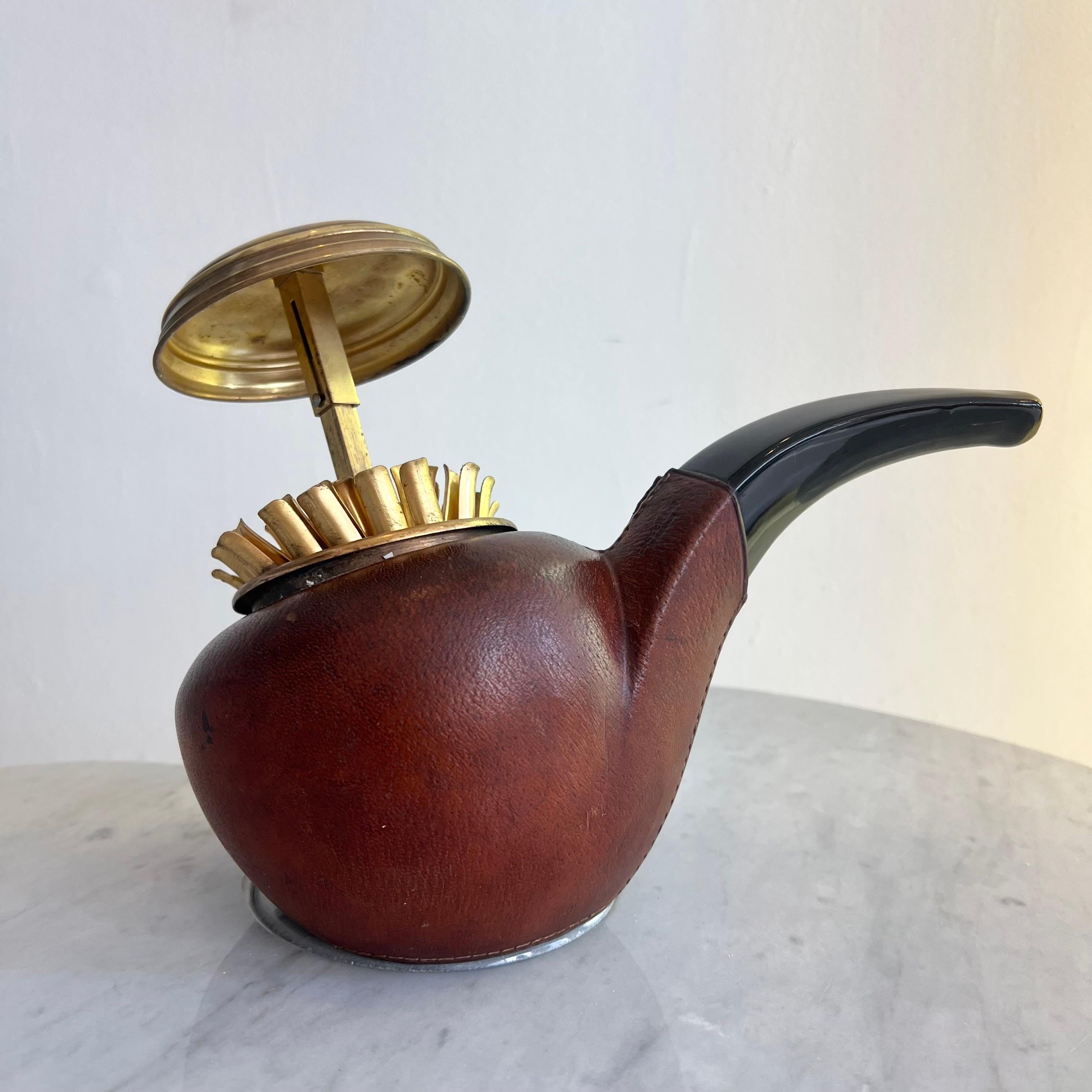 Brass Longchamp Leather Pipe Cigarette Dispenser, 1960s France For Sale