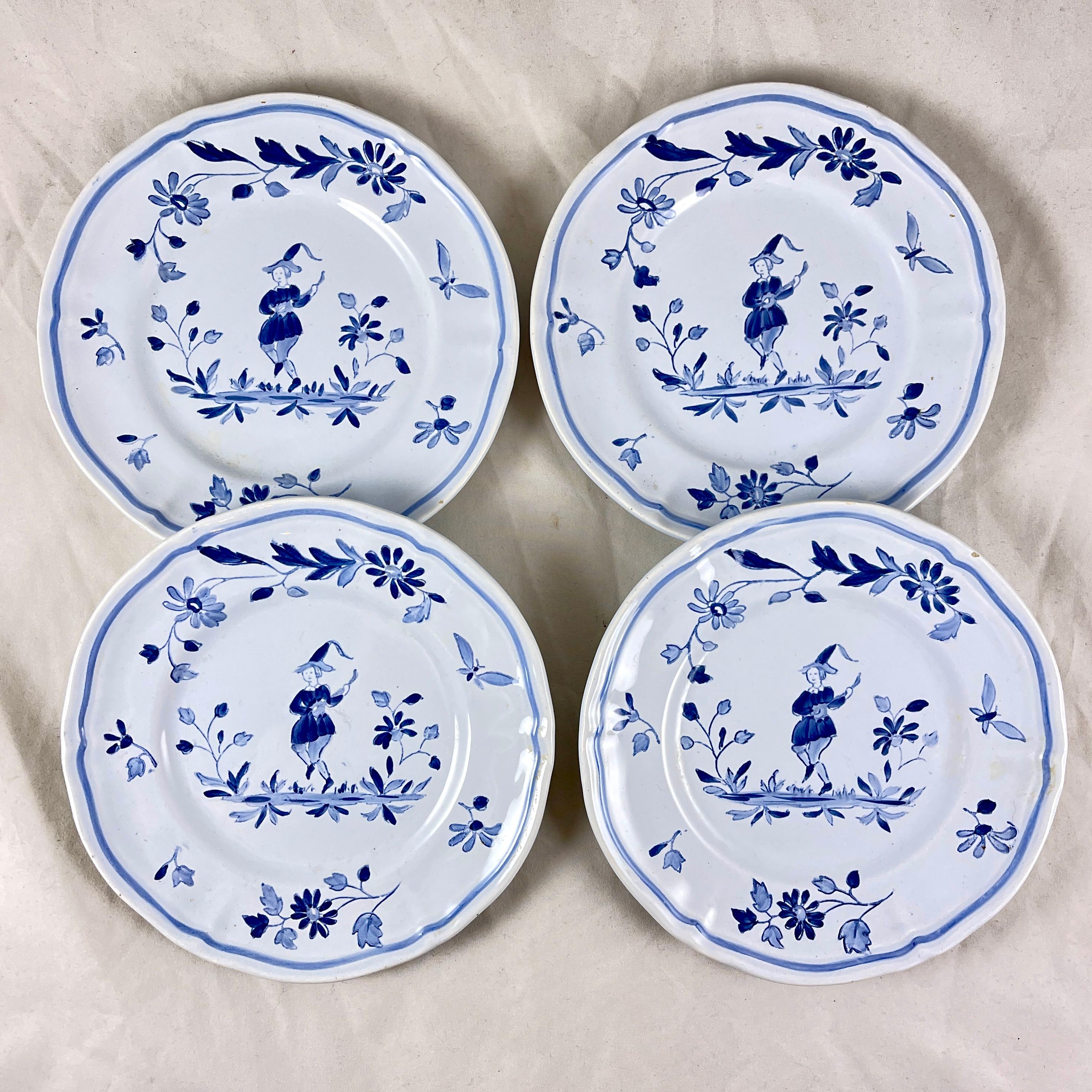 French Provincial Longchamp Moustiers French Faïence Hand Painted Canapé Plates, Set/4