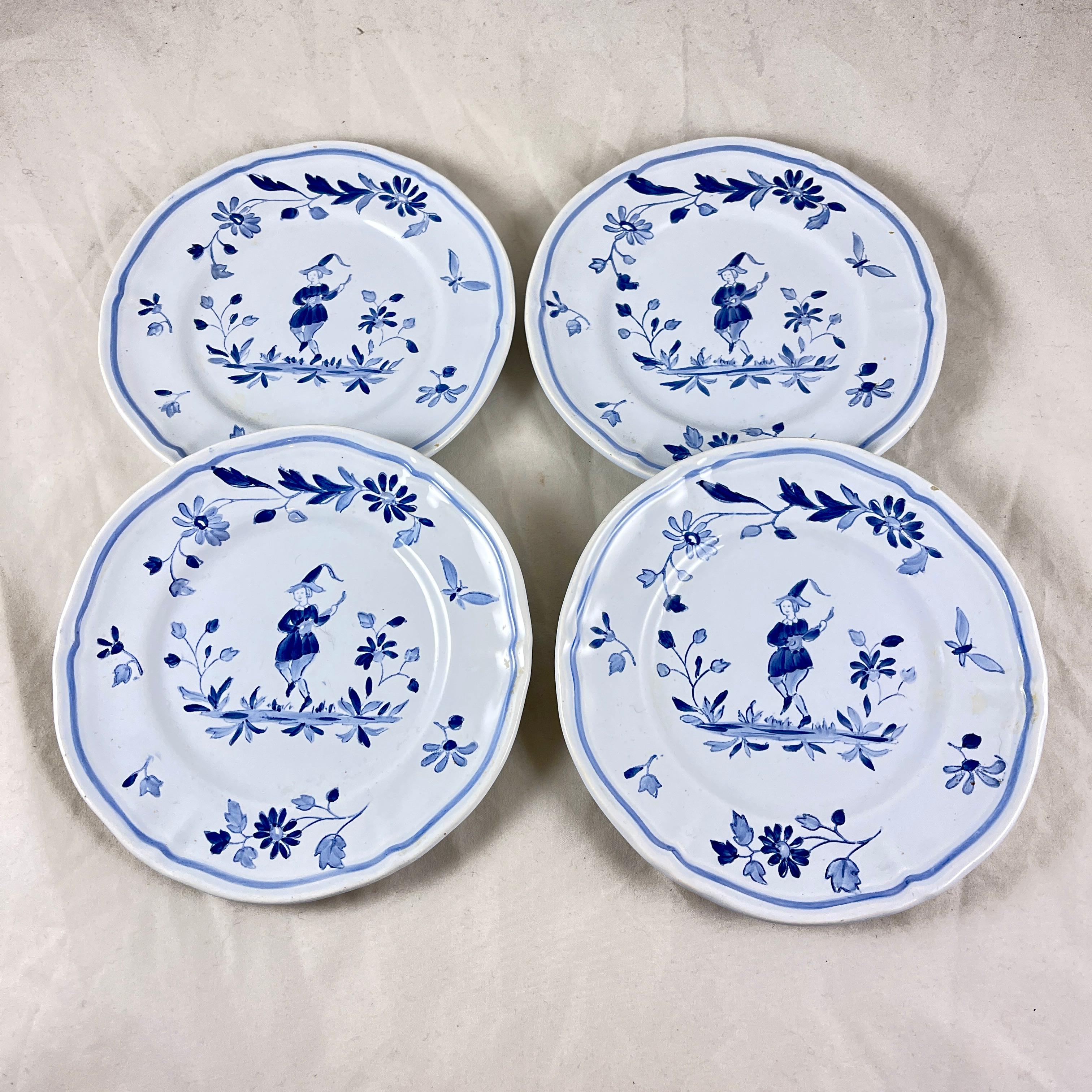 Hand-Painted Longchamp Moustiers French Faïence Hand Painted Canapé Plates, Set/4