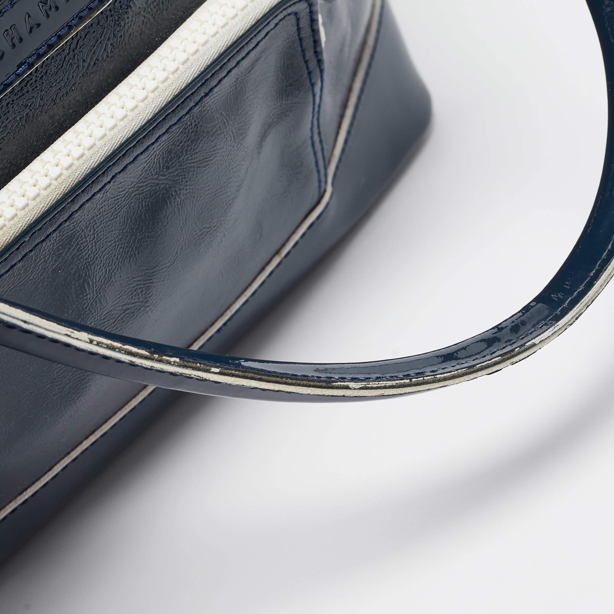 Longchamp - Sac Legend en cuir verni bleu marine/blanc 5