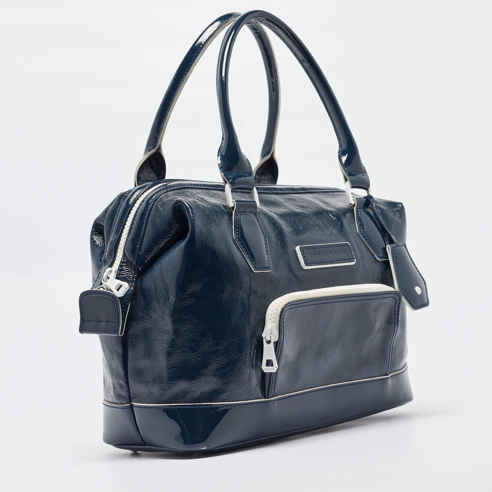 Noir Longchamp - Sac Legend en cuir verni bleu marine/blanc