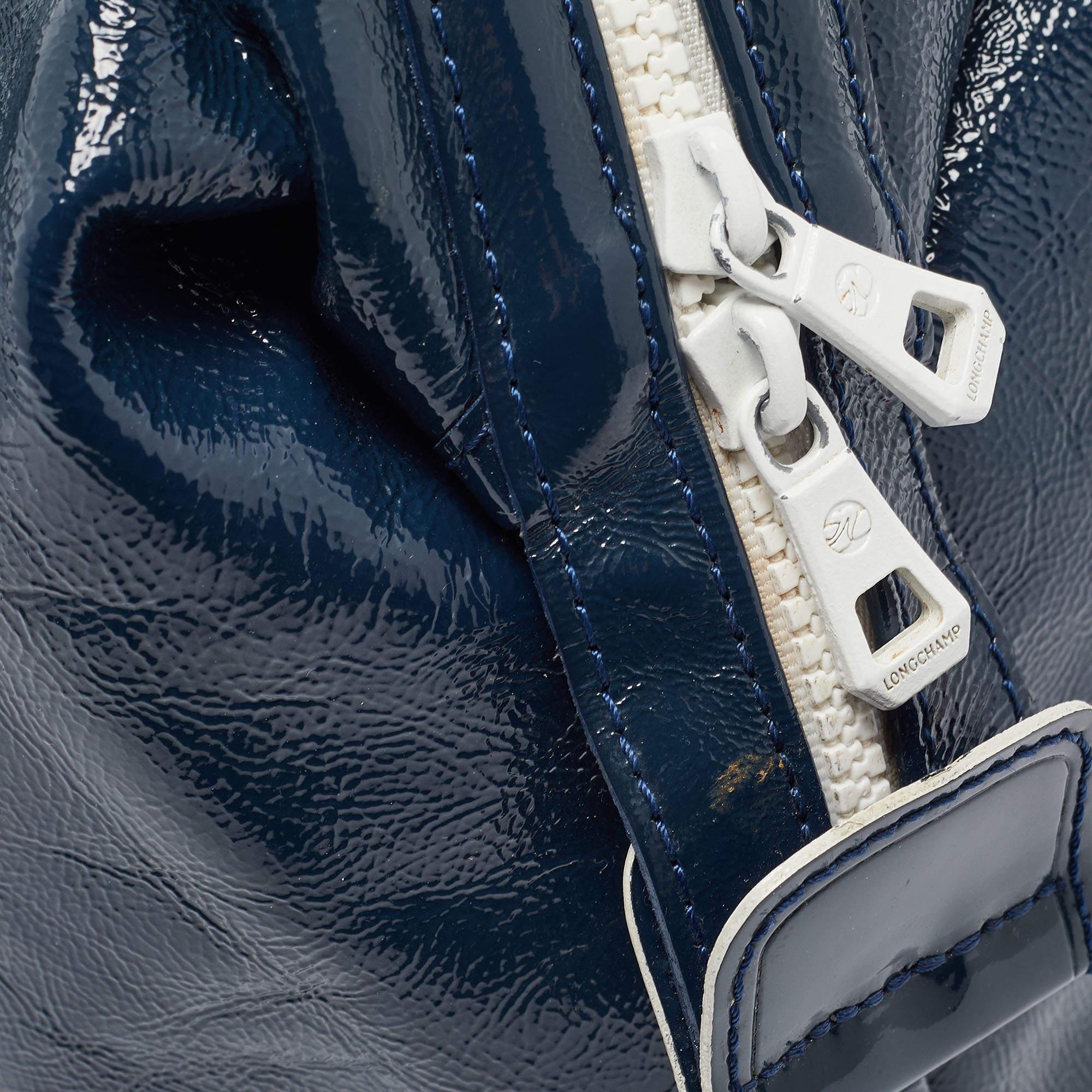 Longchamp - Sac Legend en cuir verni bleu marine/blanc 1