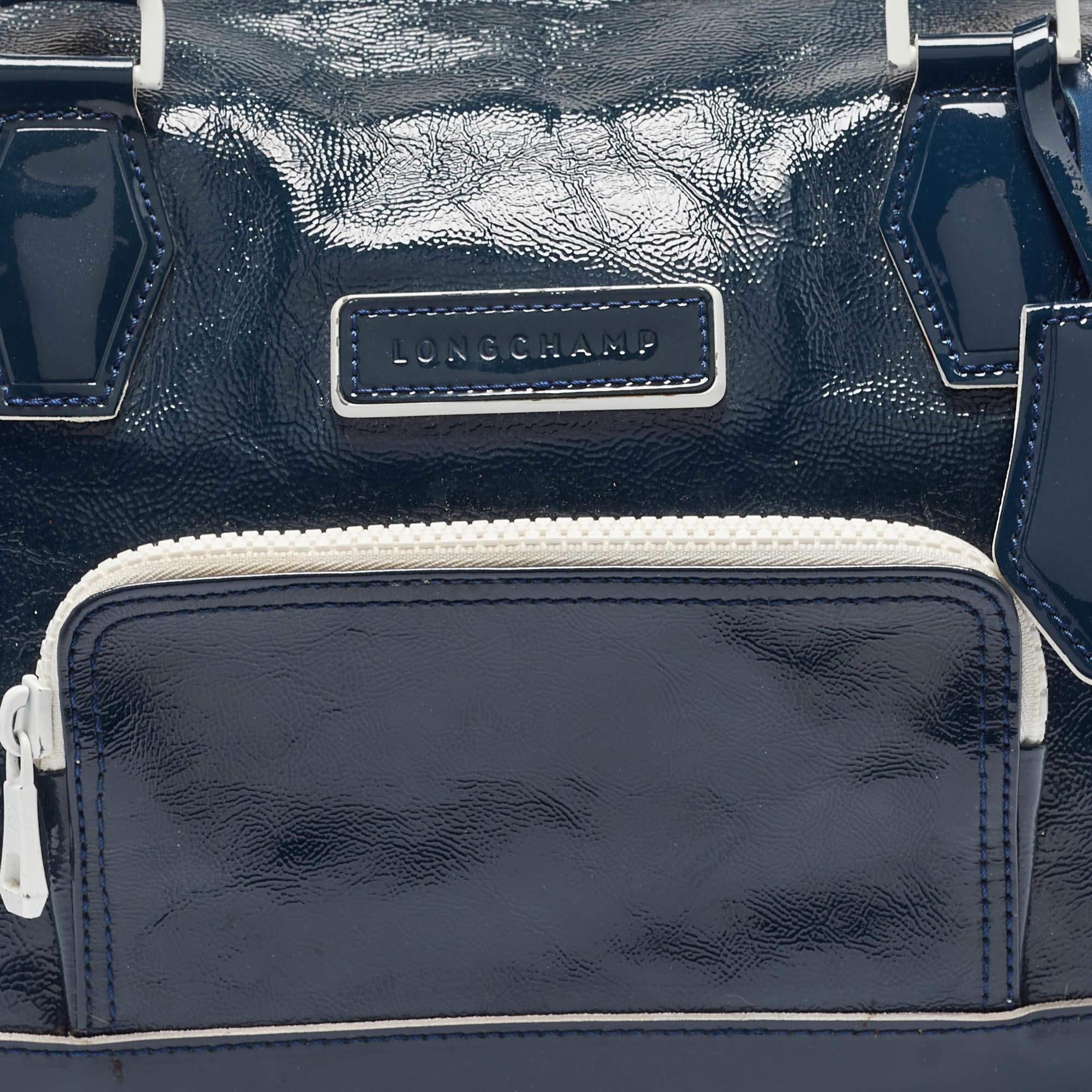 Longchamp - Sac Legend en cuir verni bleu marine/blanc 4