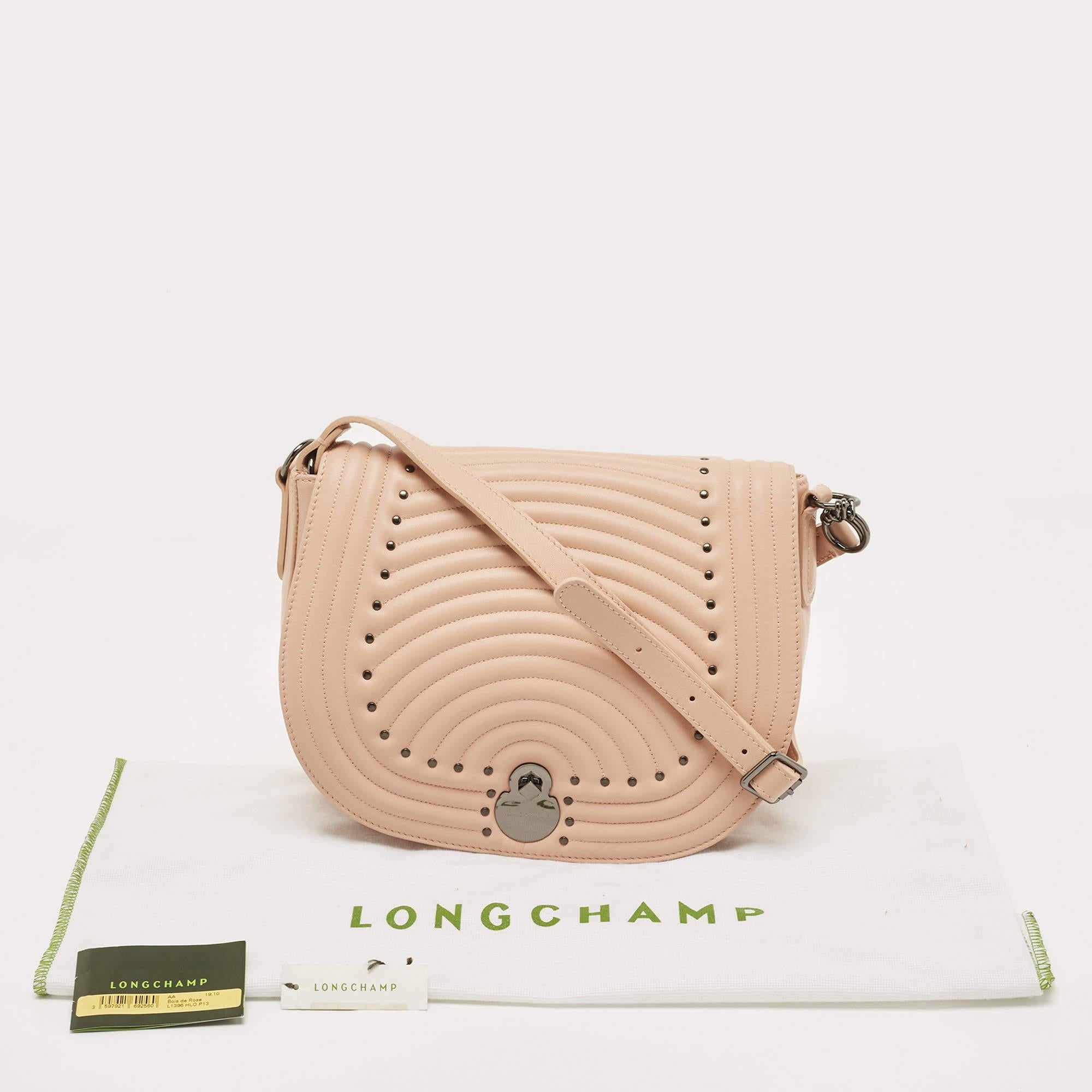 Longchamp Old Rose Leather Studded Cavalcade Flap Crossbody Bag 10