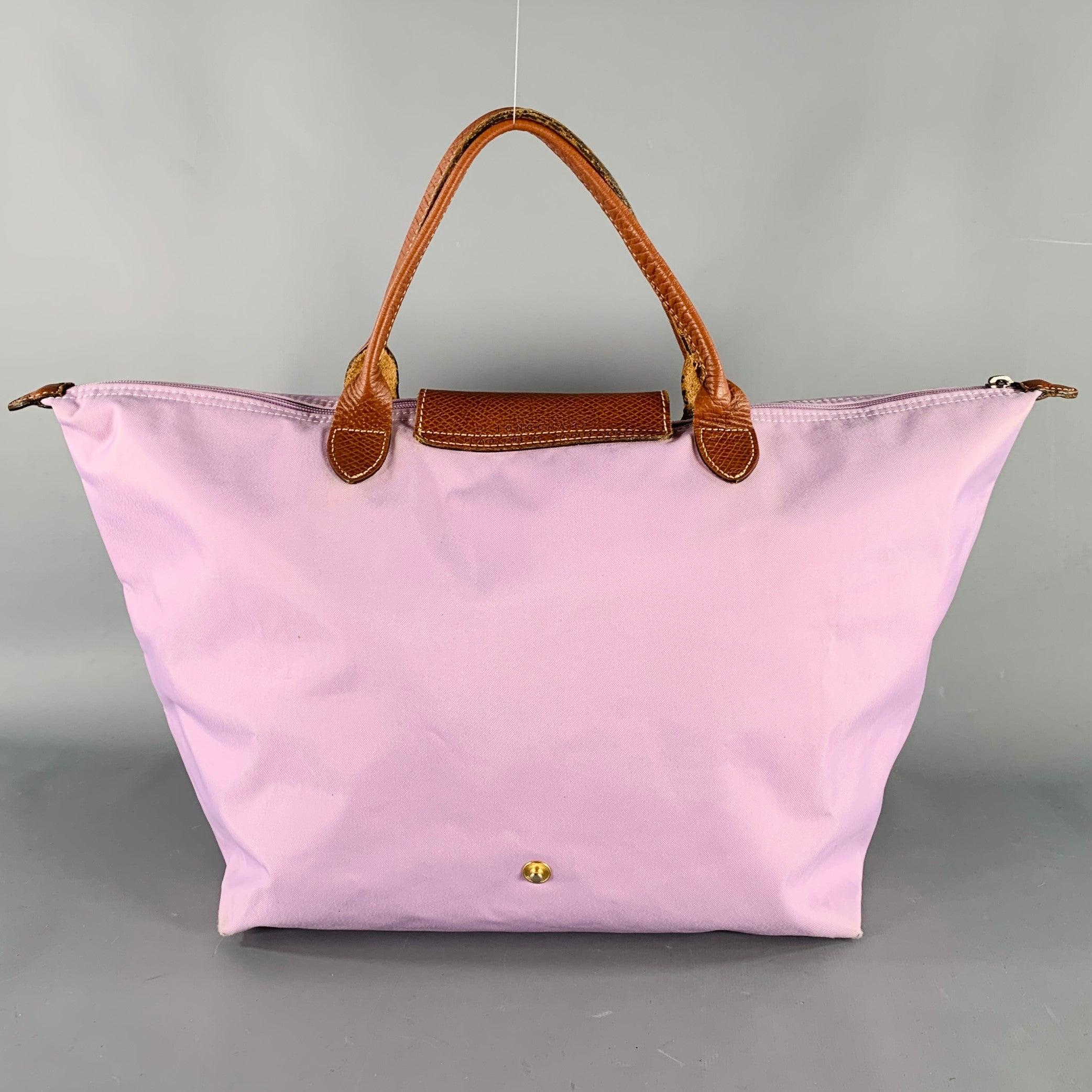 LONGCHAMP Purple Brown Mixed Materials Nylon Leather Tote Handbag In Good Condition For Sale In San Francisco, CA