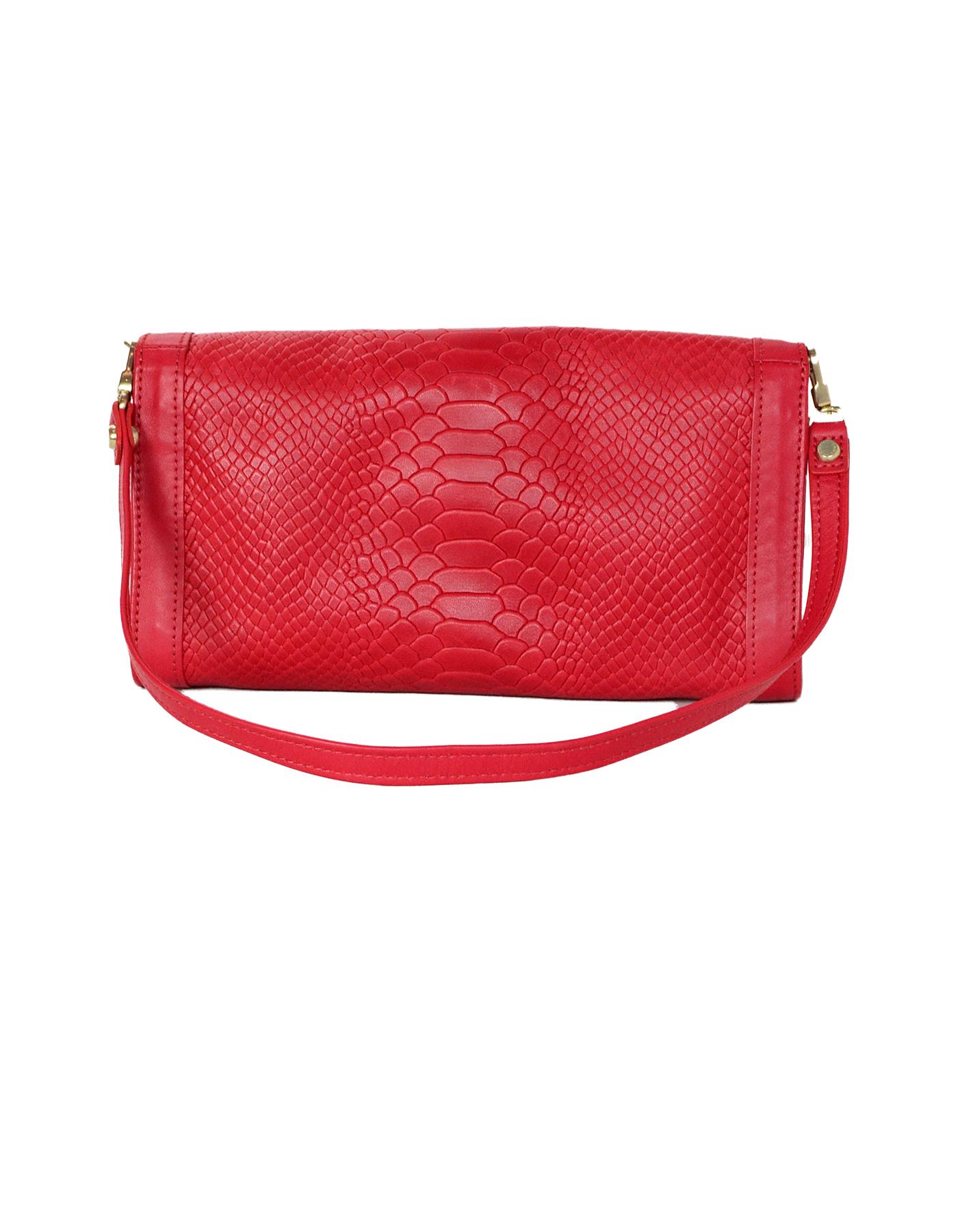 Longchamp Red Leather Embossed Snake Gatsby Flap Clutch/Shoulder Bag ...