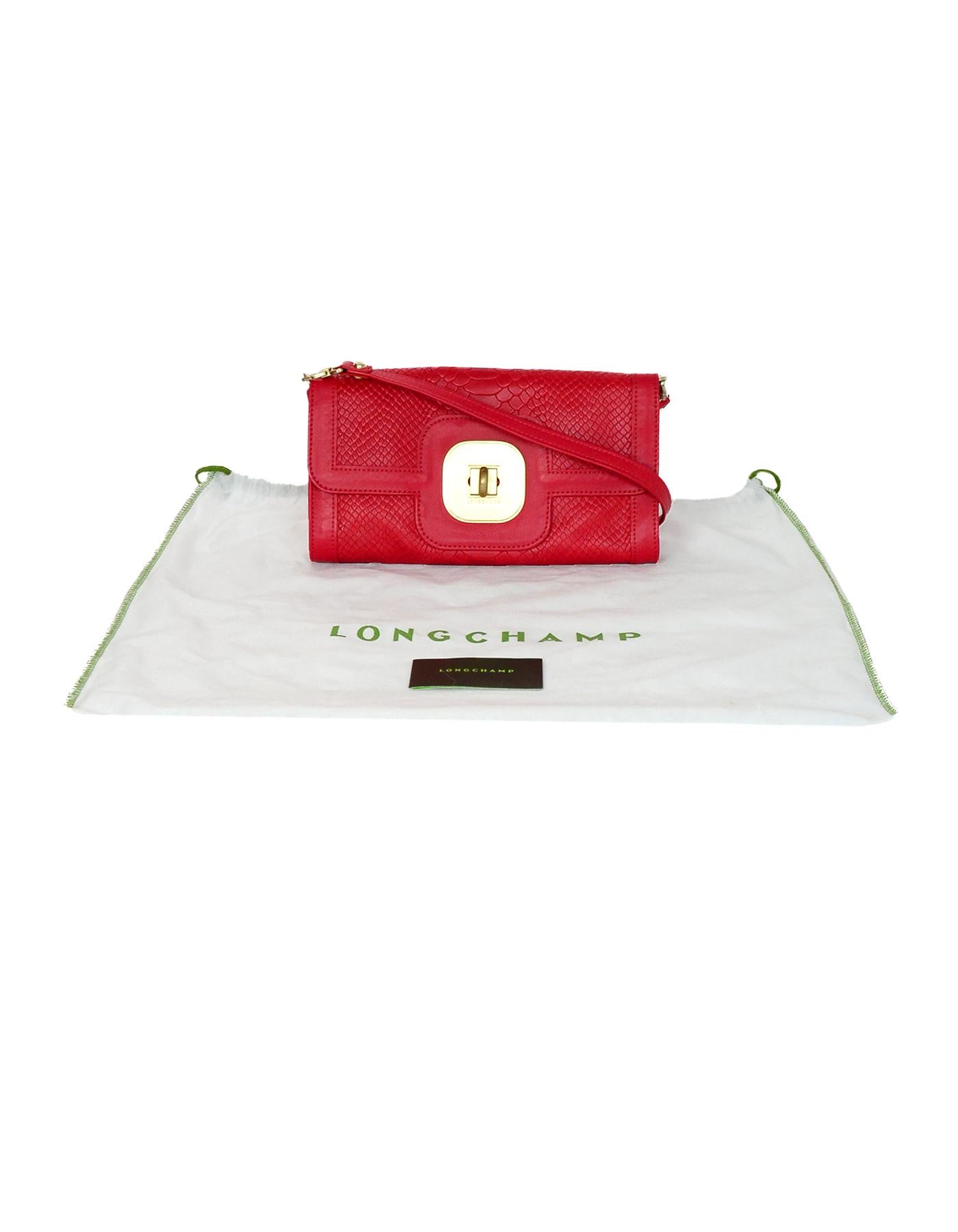 Longchamp Red Leather Embossed Snake Gatsby Flap Clutch/Shoulder Bag 2