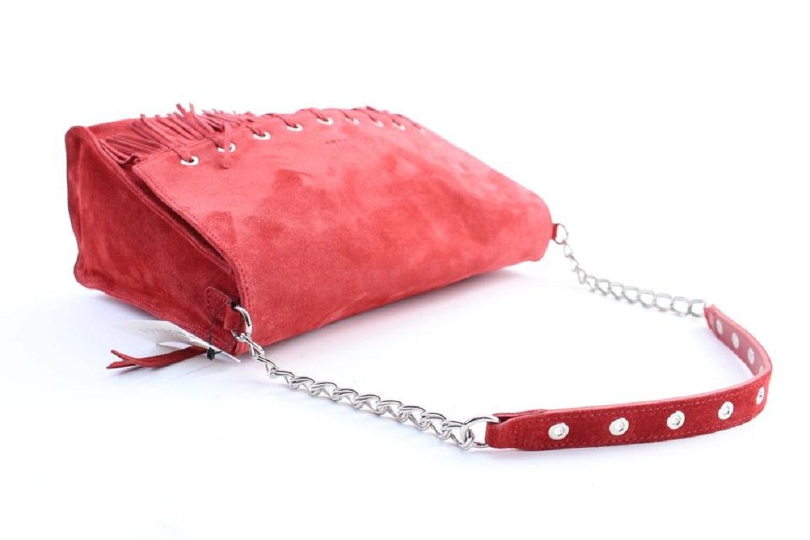 Longchamp Red Paris Rocks Folk Suede Chain Flap Bag243lc56 In New Condition For Sale In Dix hills, NY