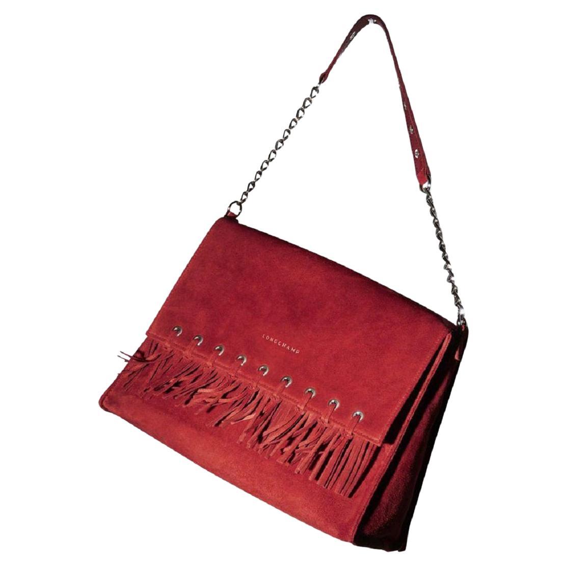 Longchamp Red Paris Rocks Folk Suede Chain Flap Bag243lc56 For Sale