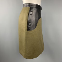 LONGCHAMP Size M Olive Wool Black Leather Panel Skirt