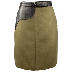 LONGCHAMP Size M Olive Wool Black Leather Panel Skirt