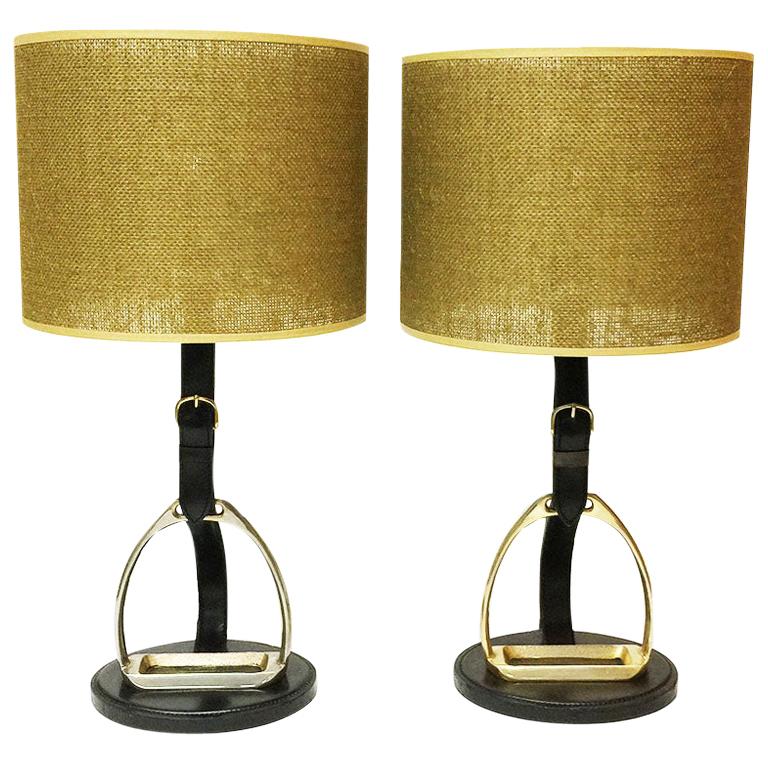 Longchamp Stirrup Stitched Leather Lamps, France, 1950s For Sale