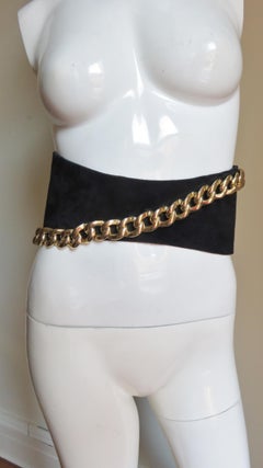 Longchamp Wide Suede Belt with Gold Chain 1990s
