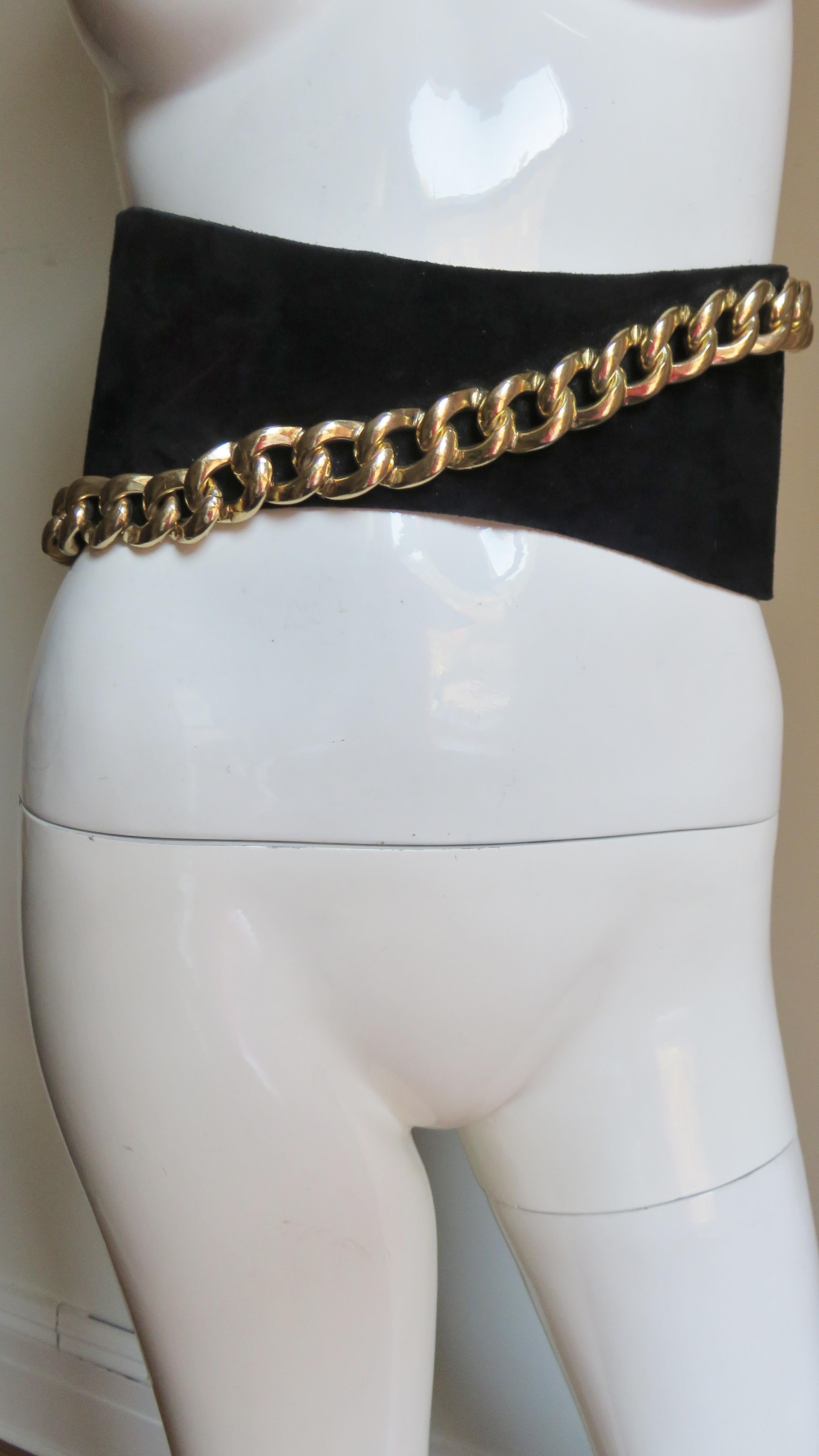 Black Longchamp Wide Suede Belt with Gold Chain 1990s For Sale