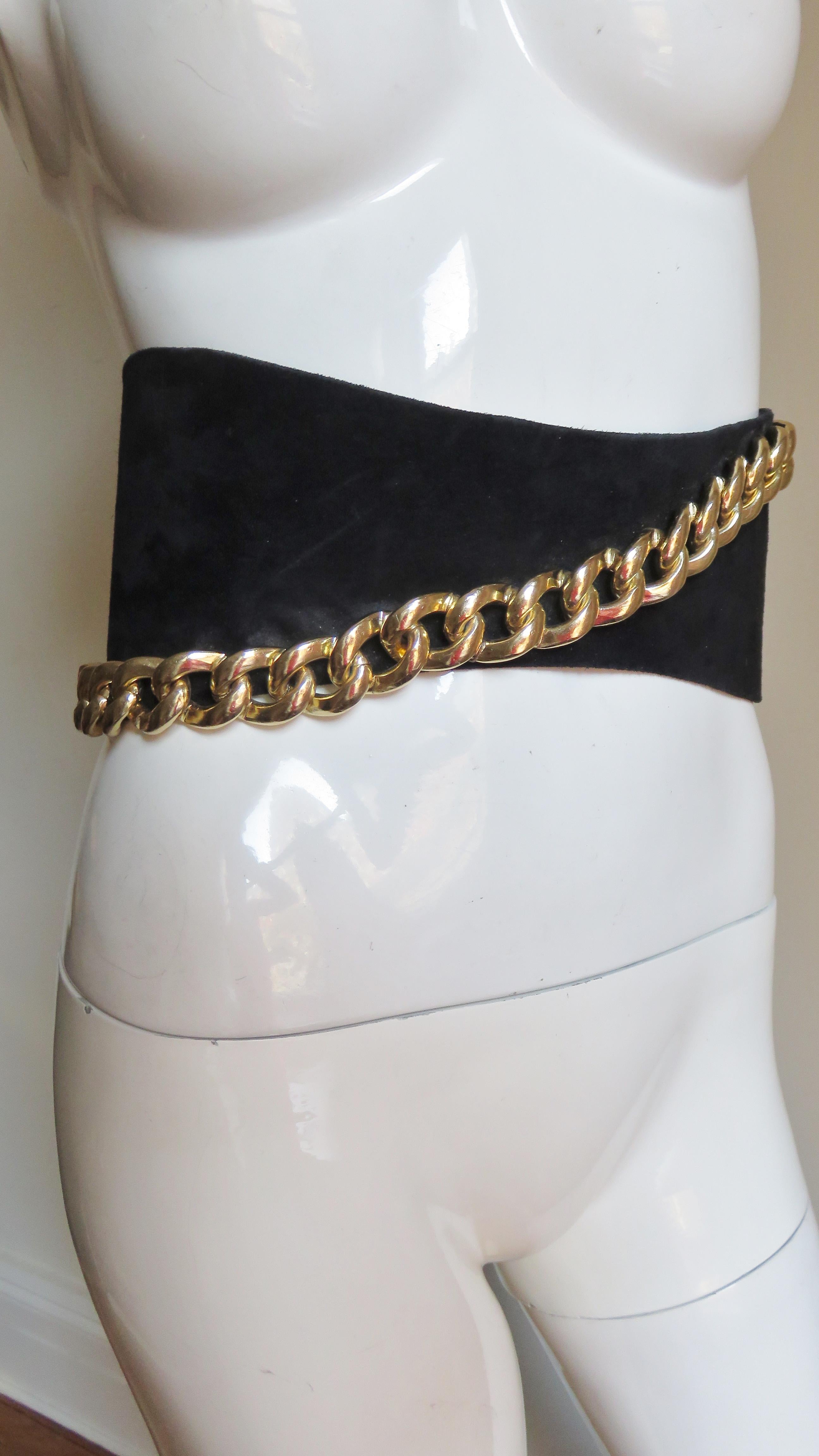 Women's Longchamp Wide Suede Belt with Gold Chain 1990s For Sale