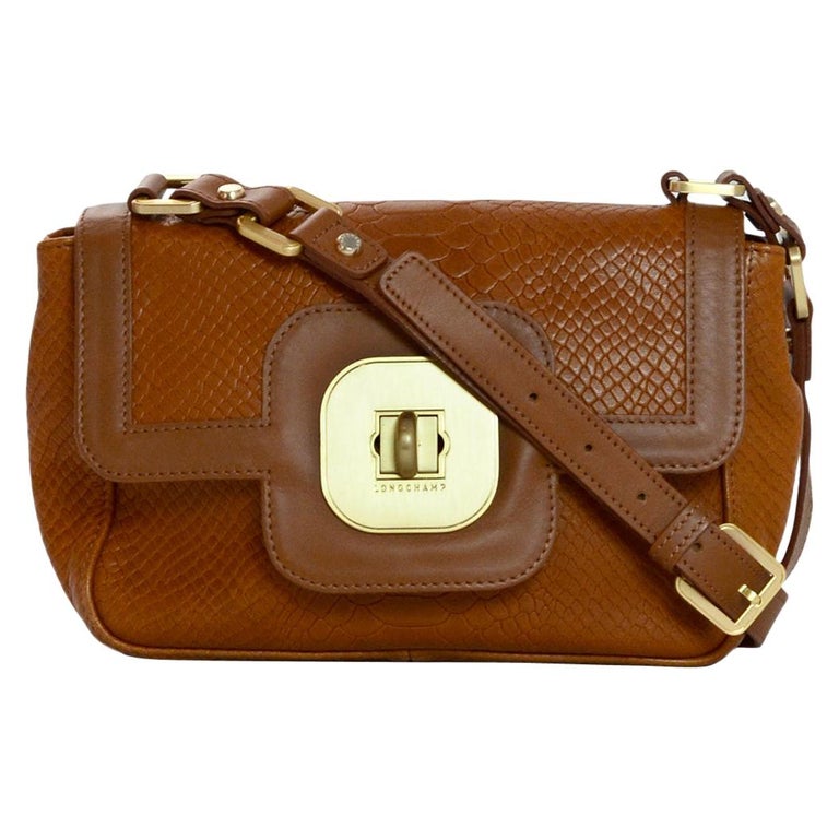 Longchamp Tan Leather Embossed Python Gatsby Flap Crossbody Bag For