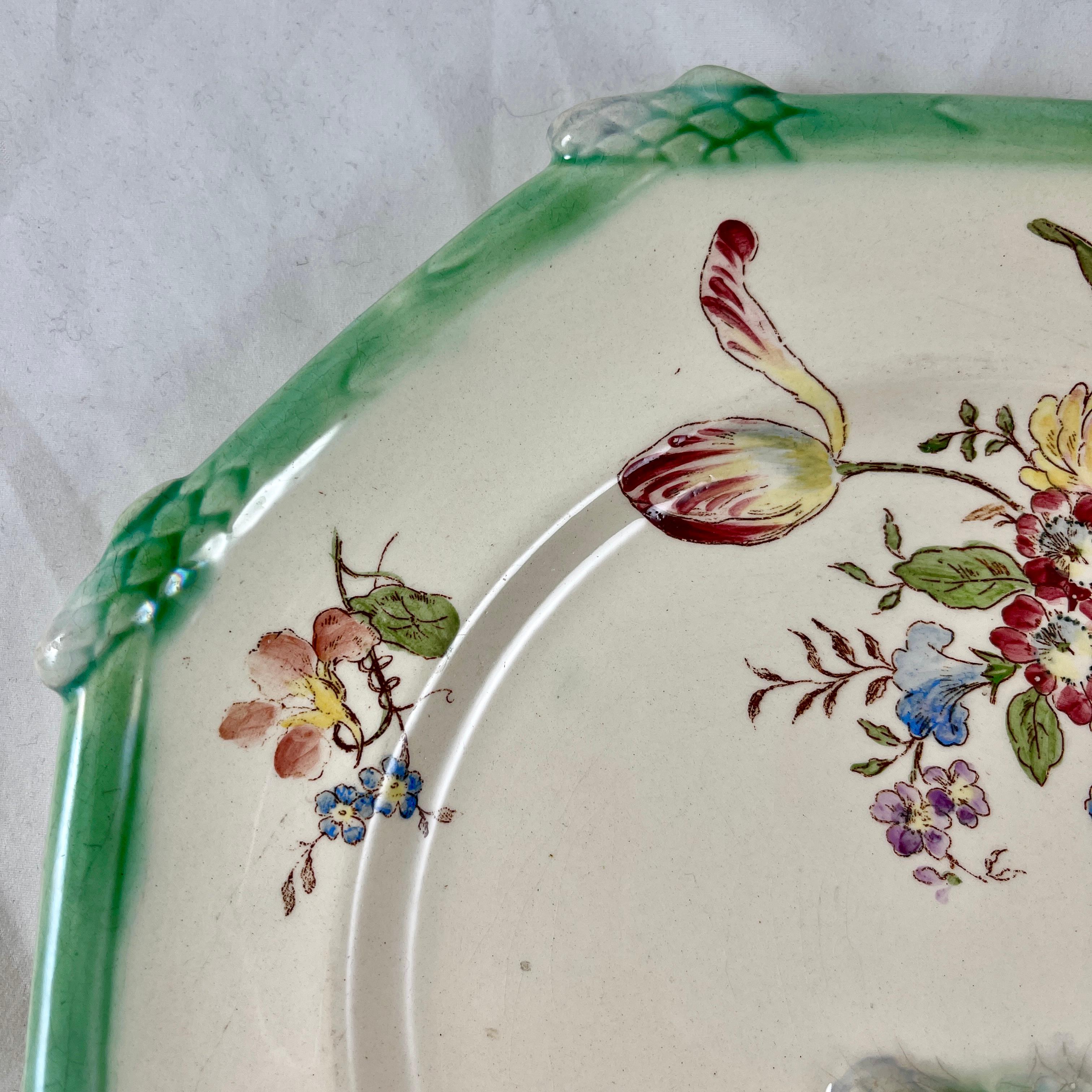 French Provincial Longchamp Terre de Fer Octagonal Hand Painted Floral Asparagus Plate For Sale