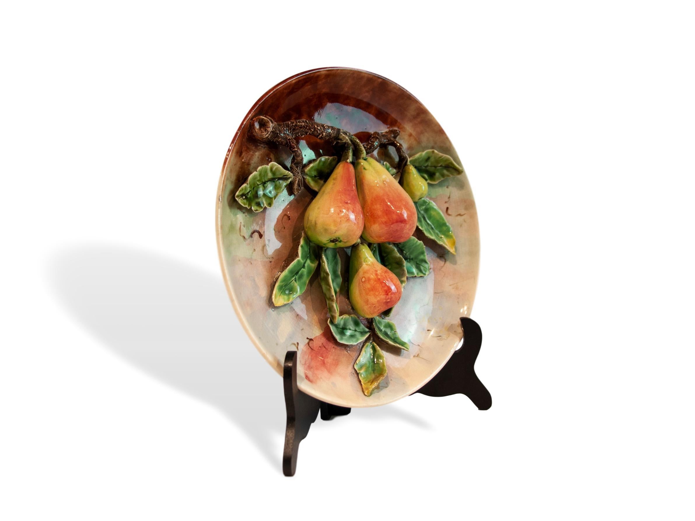 Belle Époque Longchamps French Majolica Barbotine Menton Wall Plaque with Pears, circa 1880