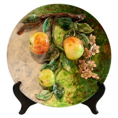 Longchamps French Majolica Barbotine Menton Wall Plaque with Apples, circa 1880