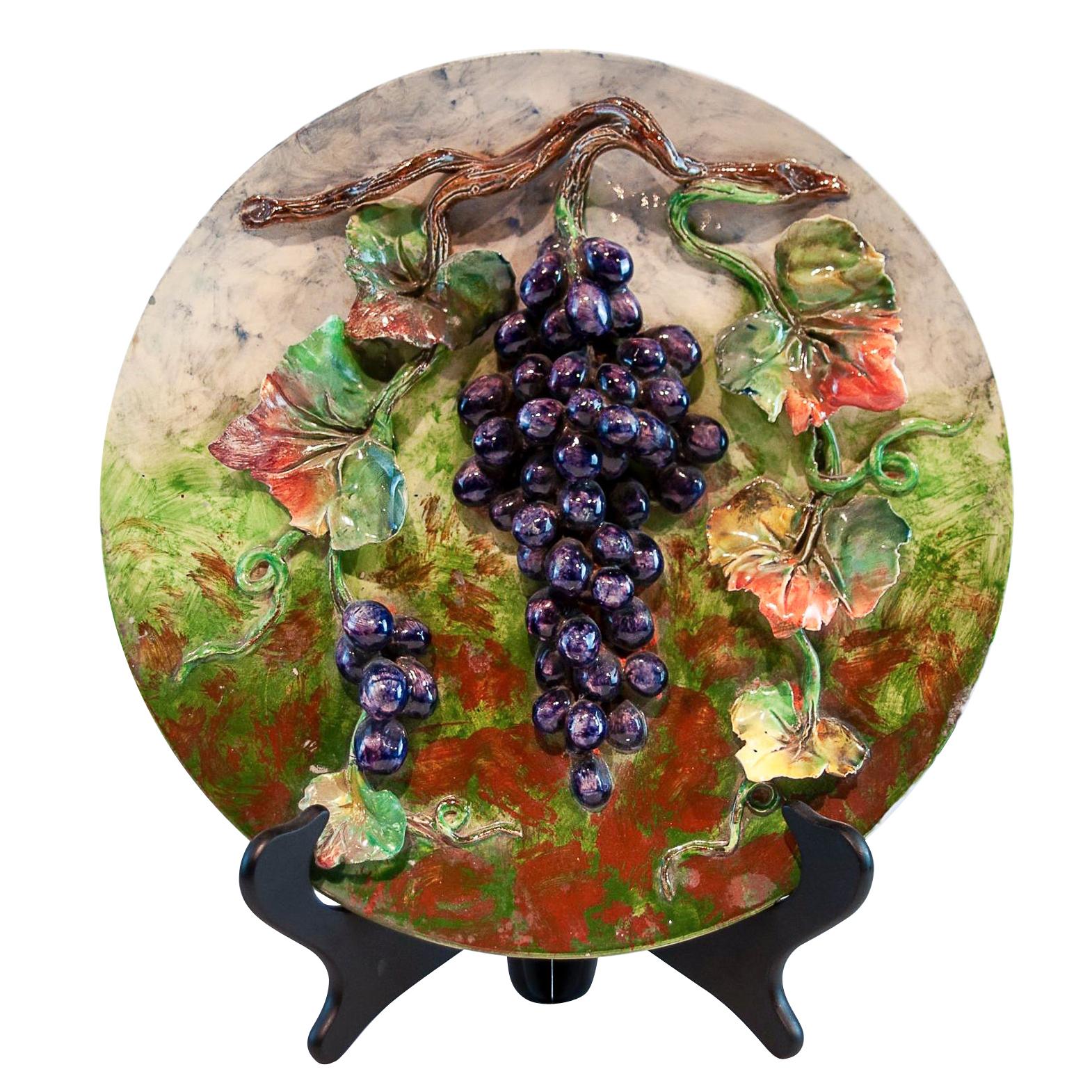 Longchamps French Majolica Barbotine Menton Wall Plaque with Grapes, circa 1880
