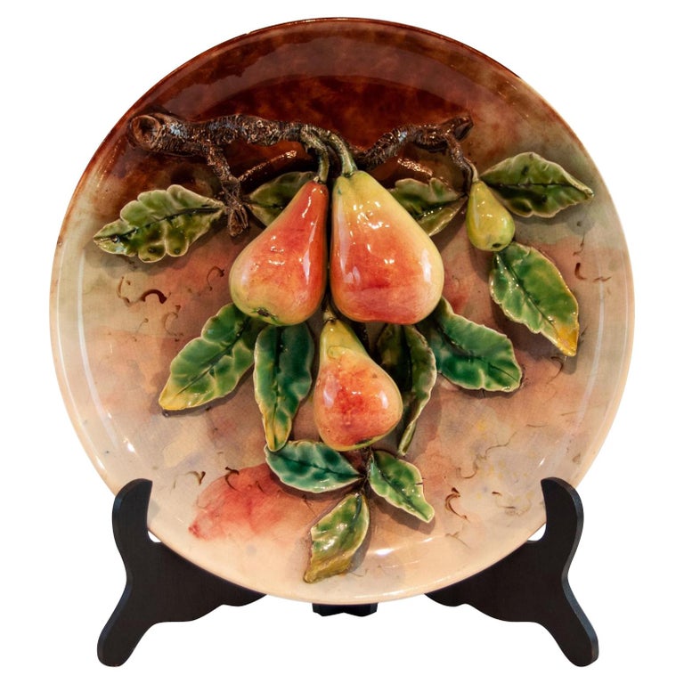 Longchamps French Majolica Barbotine Menton Wall Plaque with Pears, circa 1880 For Sale
