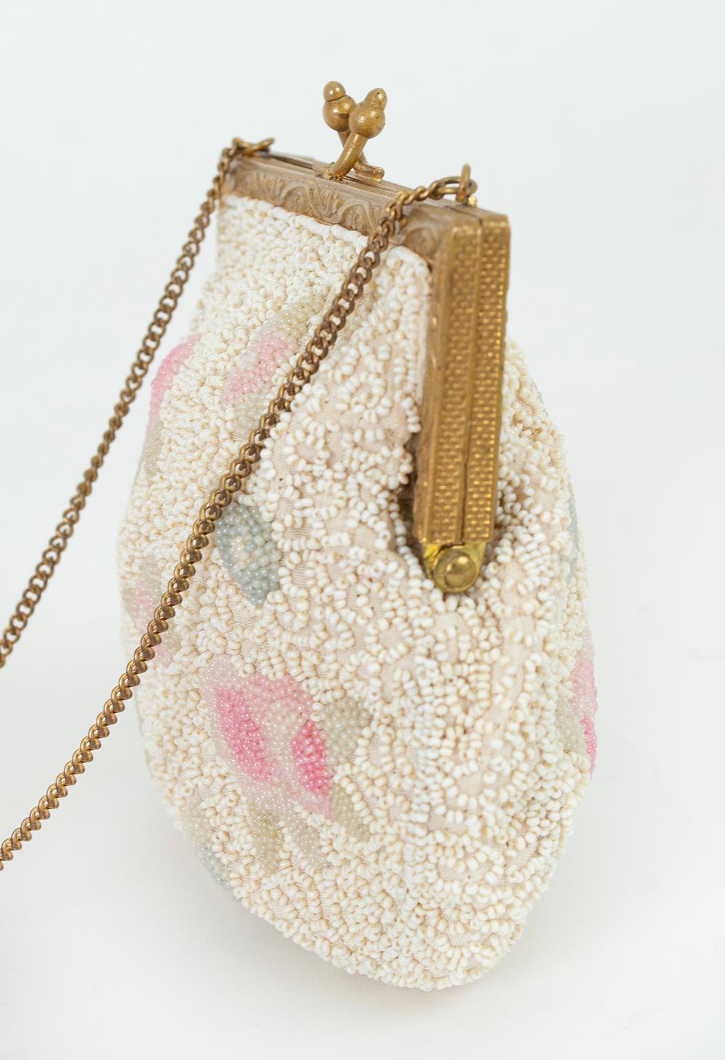 Longchamps Paris Ivory Floral Micro Bead Evening Bag w Chain Handle, 1950s In Good Condition For Sale In Tucson, AZ